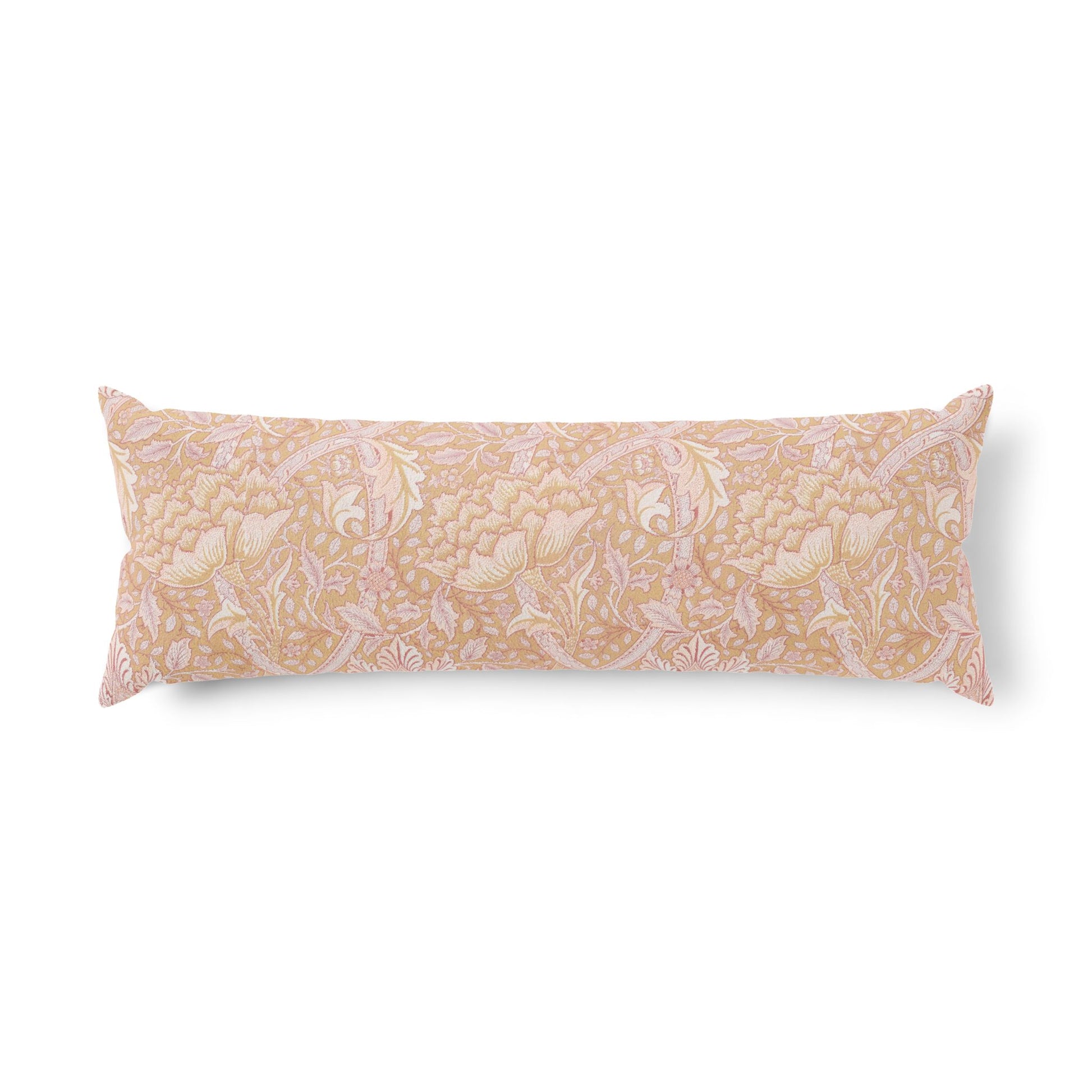 Long rectangular pillow with a floral pattern on a white background