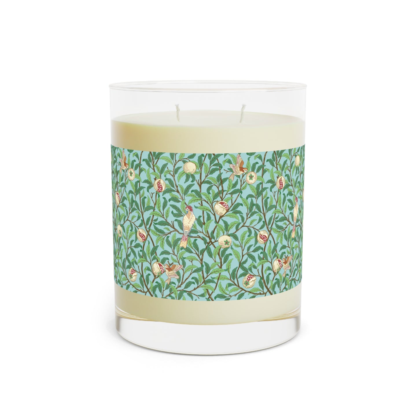 Luxury Scented Candle  in an Arts & Crafts pattern inspired by William Morris & Co and called Bird and Pomegranate Collection (Tiffany Blue)