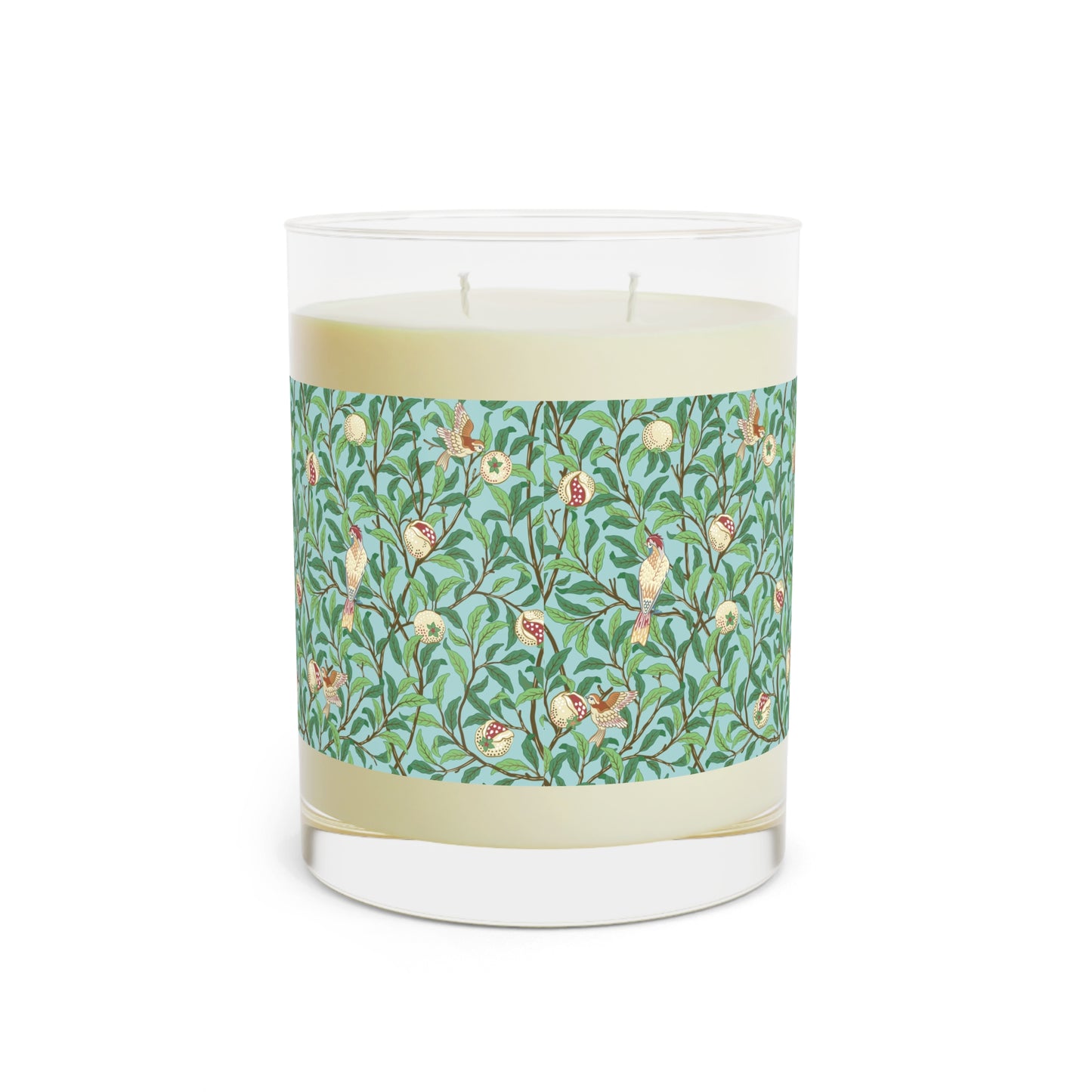Luxury Scented Candle  in an Arts & Crafts pattern inspired by William Morris & Co and called Bird and Pomegranate Collection (Tiffany Blue)