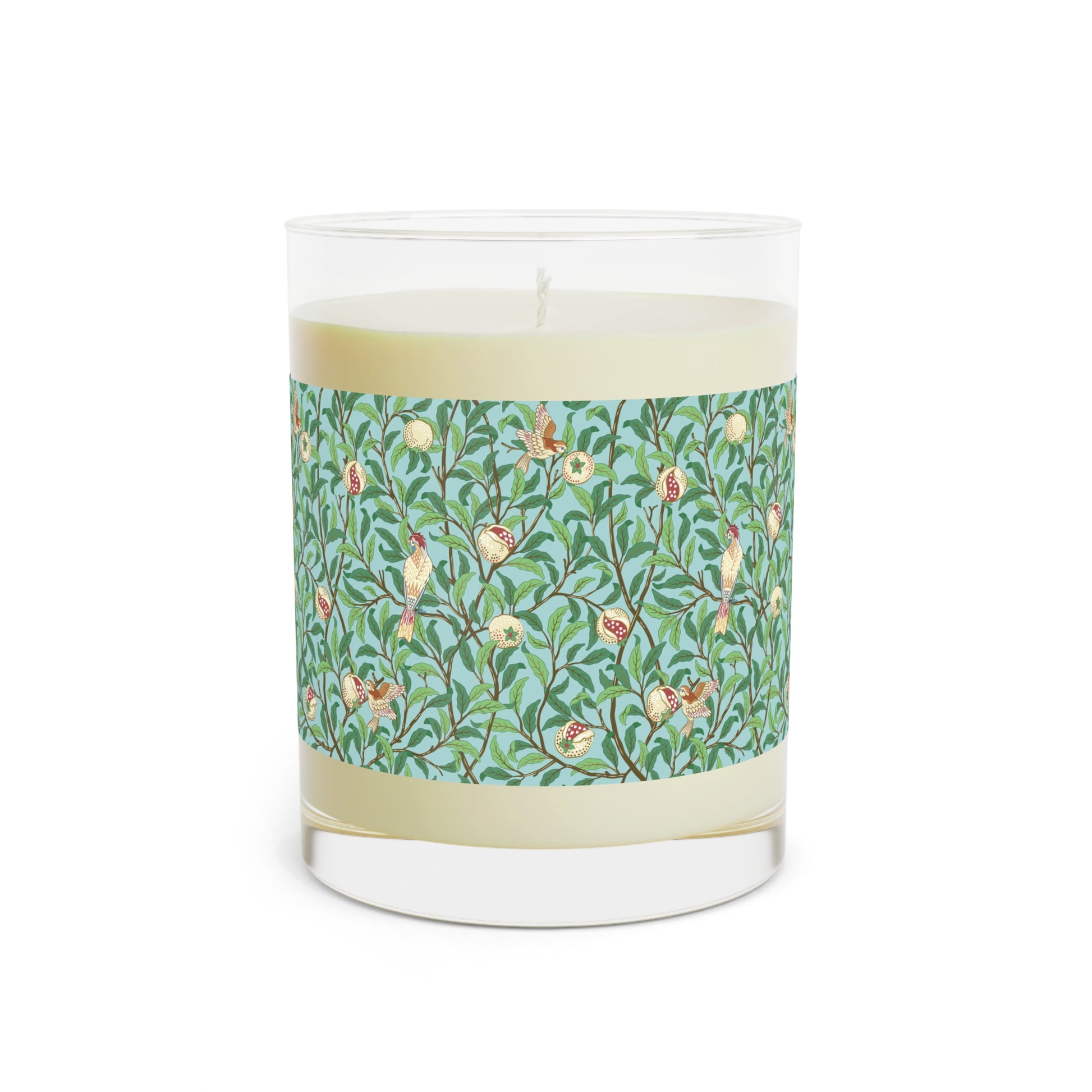 Luxury Scented Candle  in an Arts & Crafts pattern inspired by William Morris & Co and called Bird and Pomegranate Collection (Tiffany Blue)