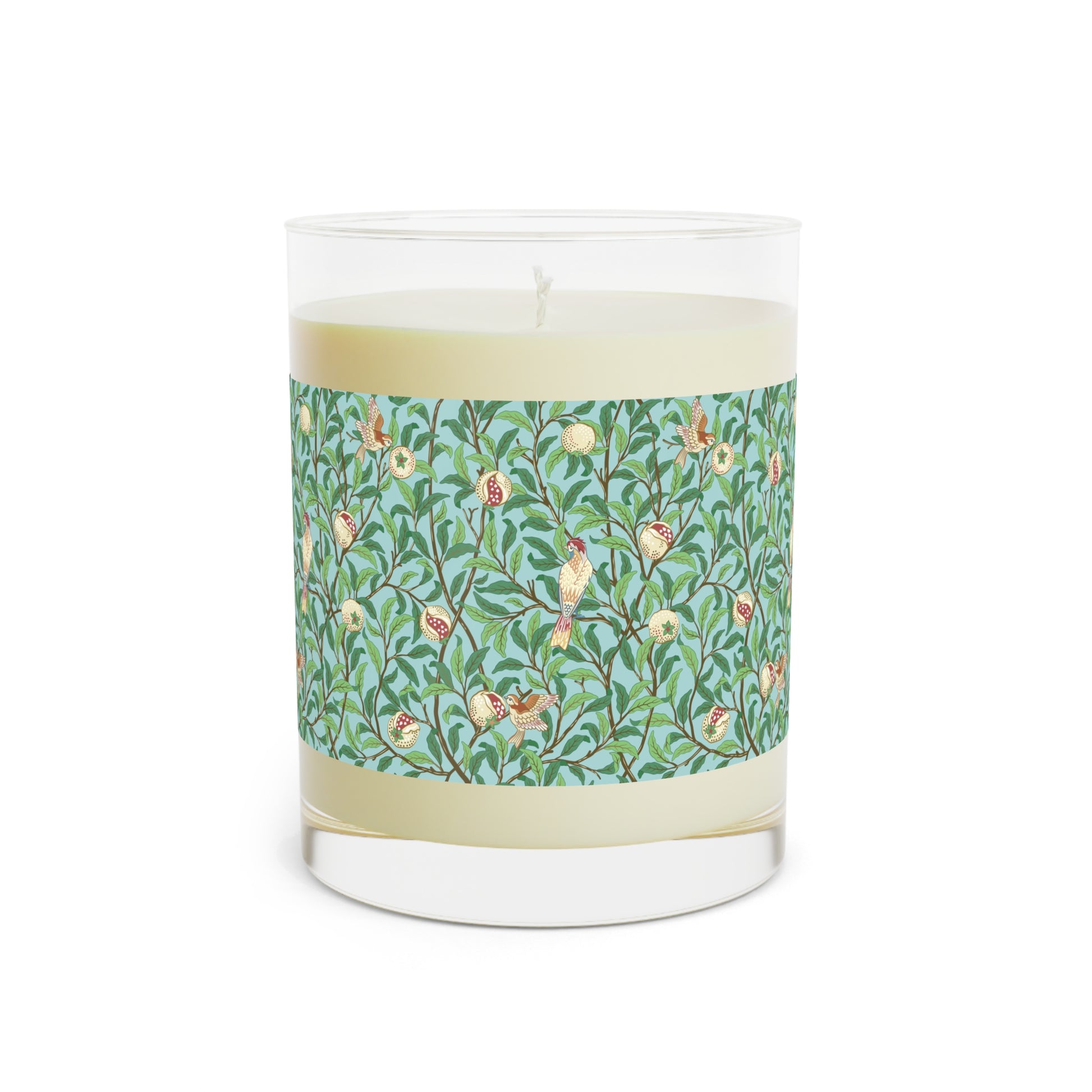 Luxury Scented Candle  in an Arts & Crafts pattern inspired by William Morris & Co and called Bird and Pomegranate Collection (Tiffany Blue)