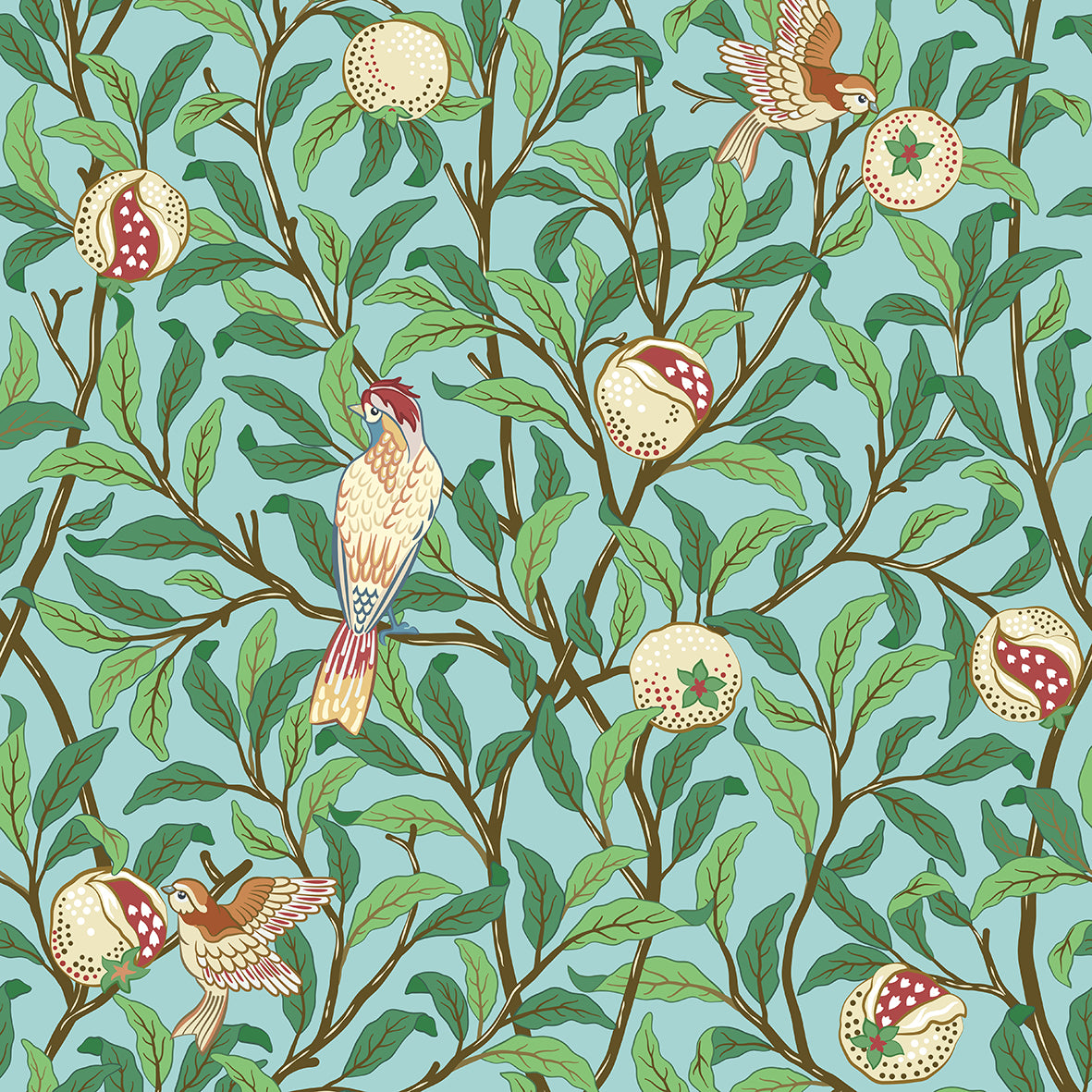 A ceramic mug with a blue background featuring a floral pattern of birds and pomegranates.