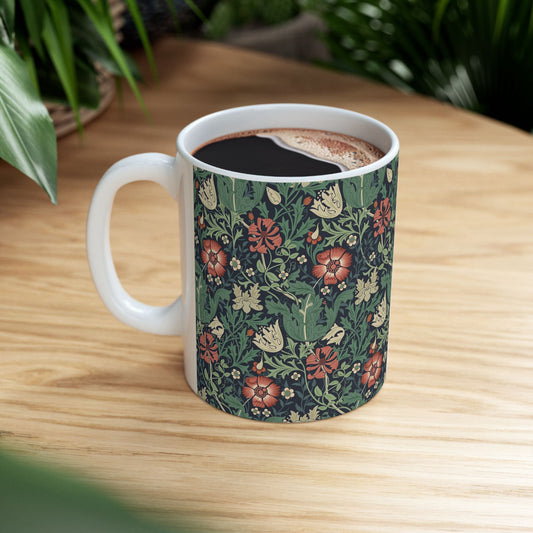 A ceramic mug with a floral pattern inspired by William Morris - Compton Collection (Hill Cottage).