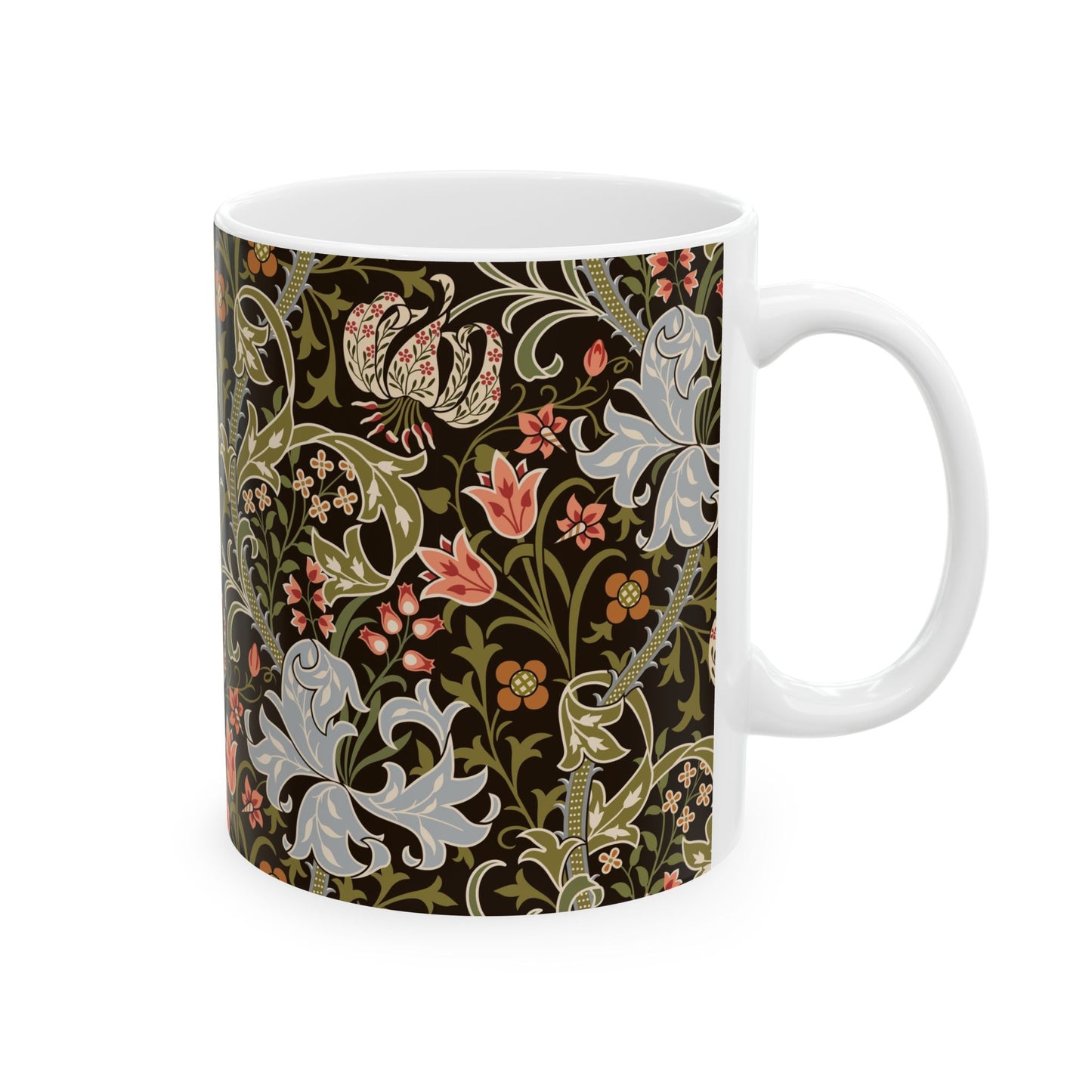 A ceramic mug with a floral pattern inspired by William Morris & Co - Golden Lily Collection in a midnight colour palette.
