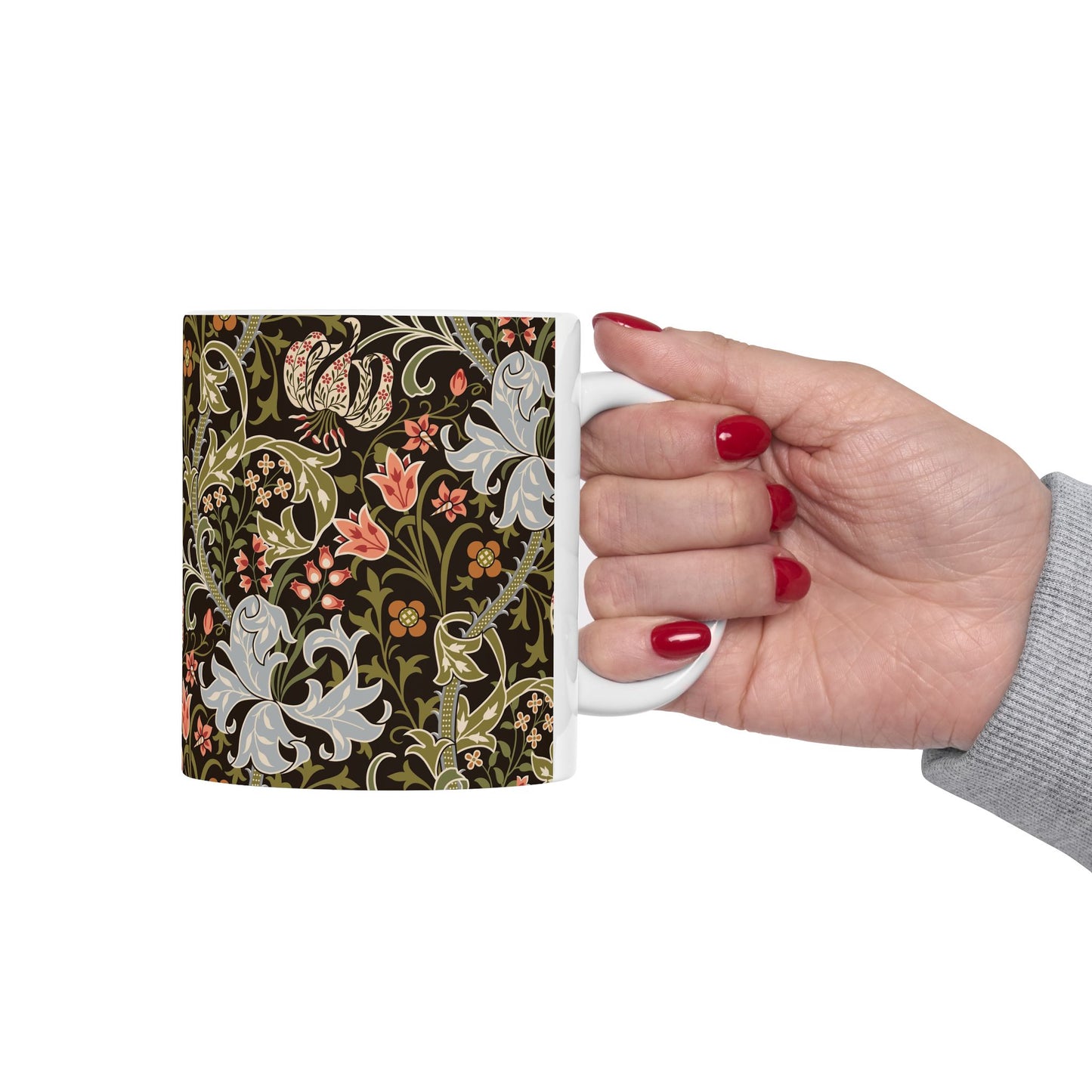 A ceramic mug with a floral pattern inspired by William Morris & Co - Golden Lily Collection in a midnight colour palette.