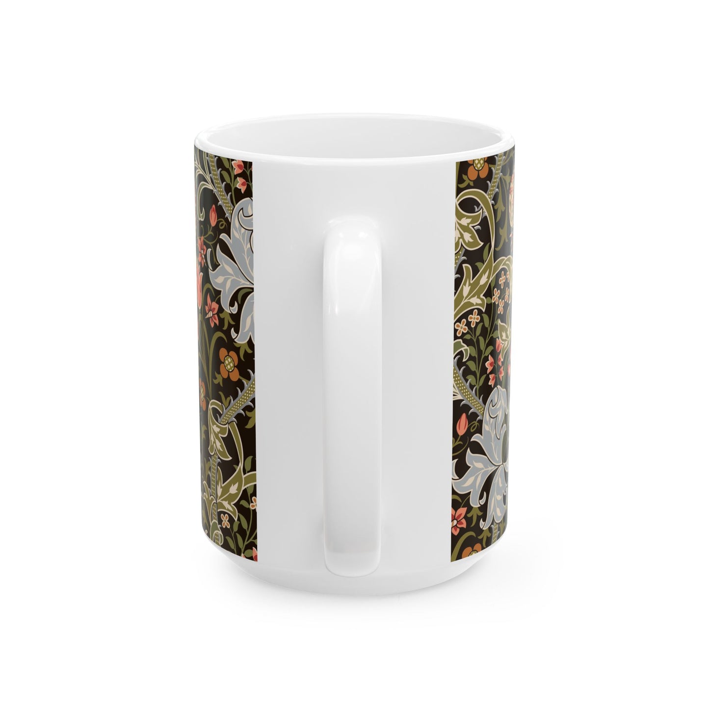 A ceramic mug with a floral pattern inspired by William Morris & Co - Golden Lily Collection in a midnight colour palette.