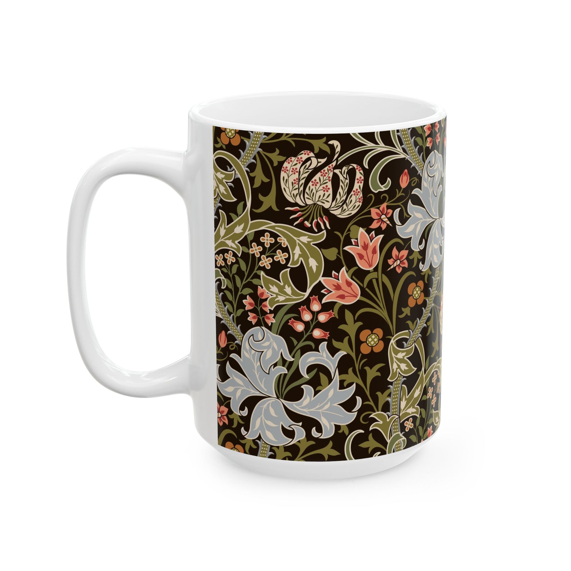 A ceramic mug with a floral pattern inspired by William Morris & Co - Golden Lily Collection in a midnight colour palette.