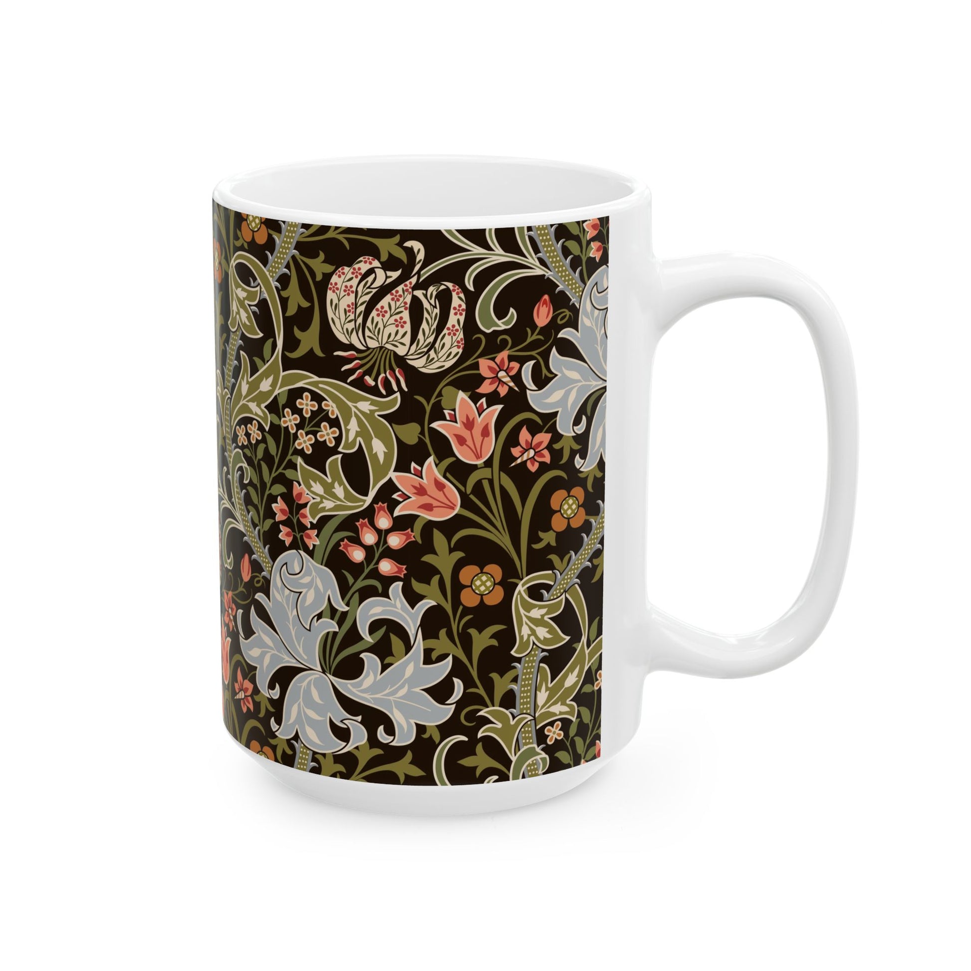 A ceramic mug with a floral pattern inspired by William Morris & Co - Golden Lily Collection in a midnight colour palette.