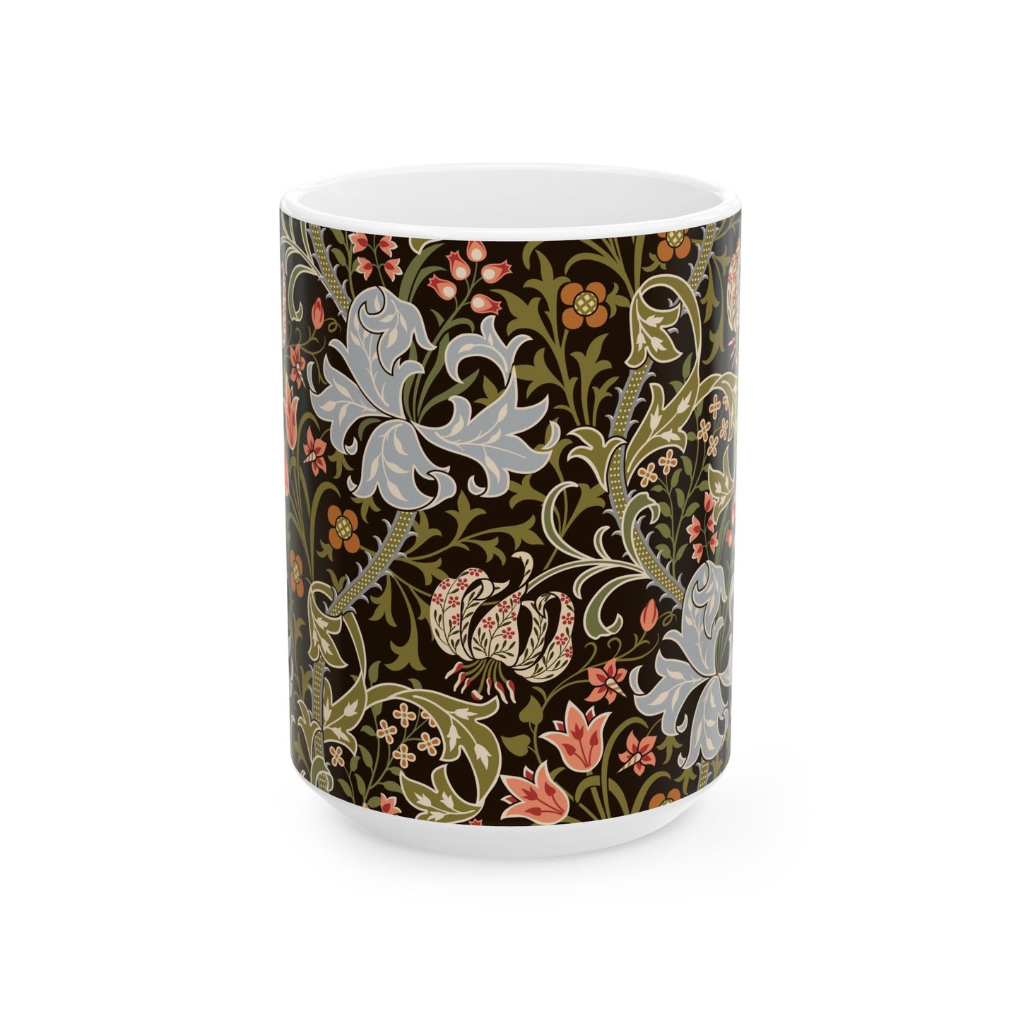 A ceramic mug with a floral pattern inspired by William Morris & Co - Golden Lily Collection in a midnight colour palette.