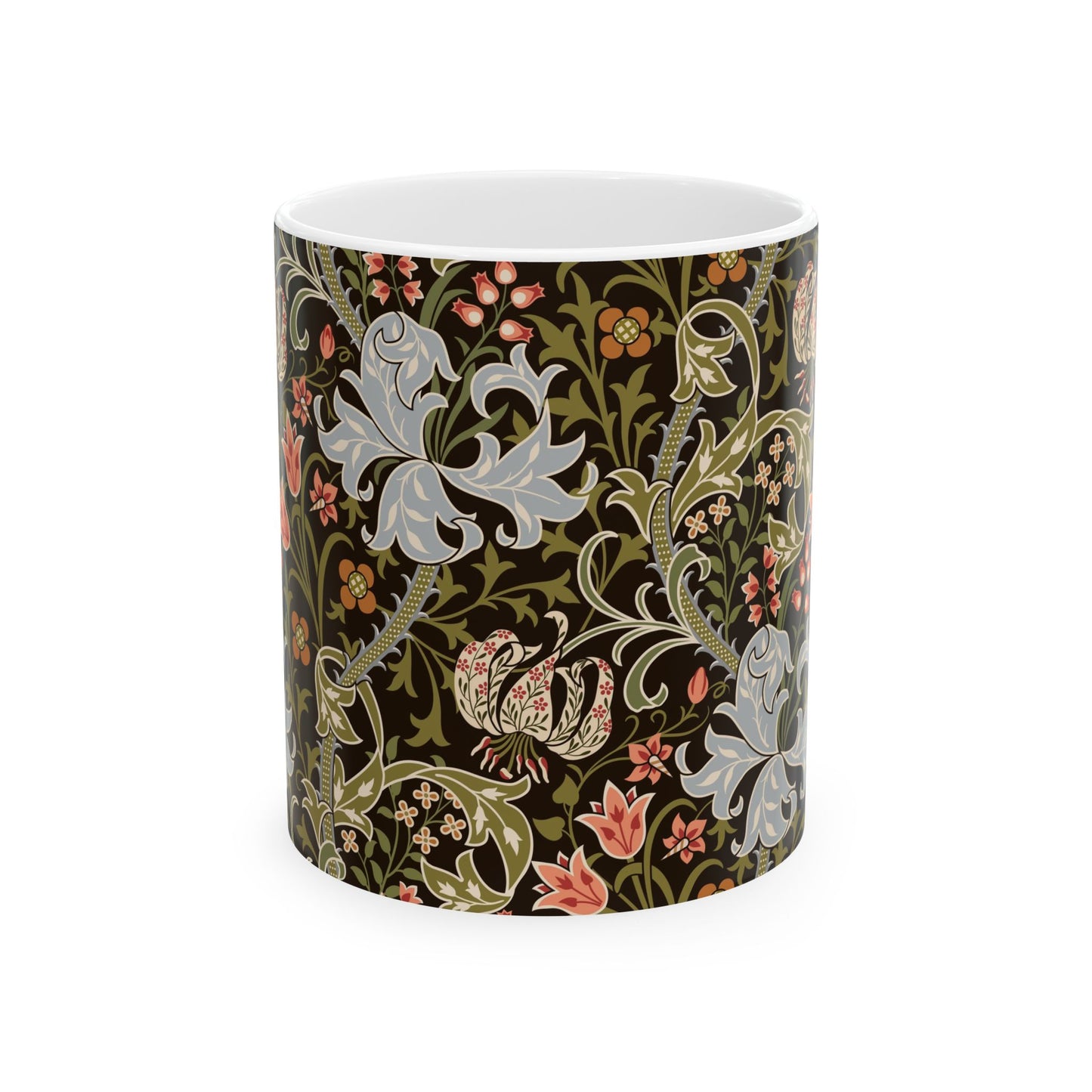A ceramic mug with a floral pattern inspired by William Morris & Co - Golden Lily Collection in a midnight colour palette.