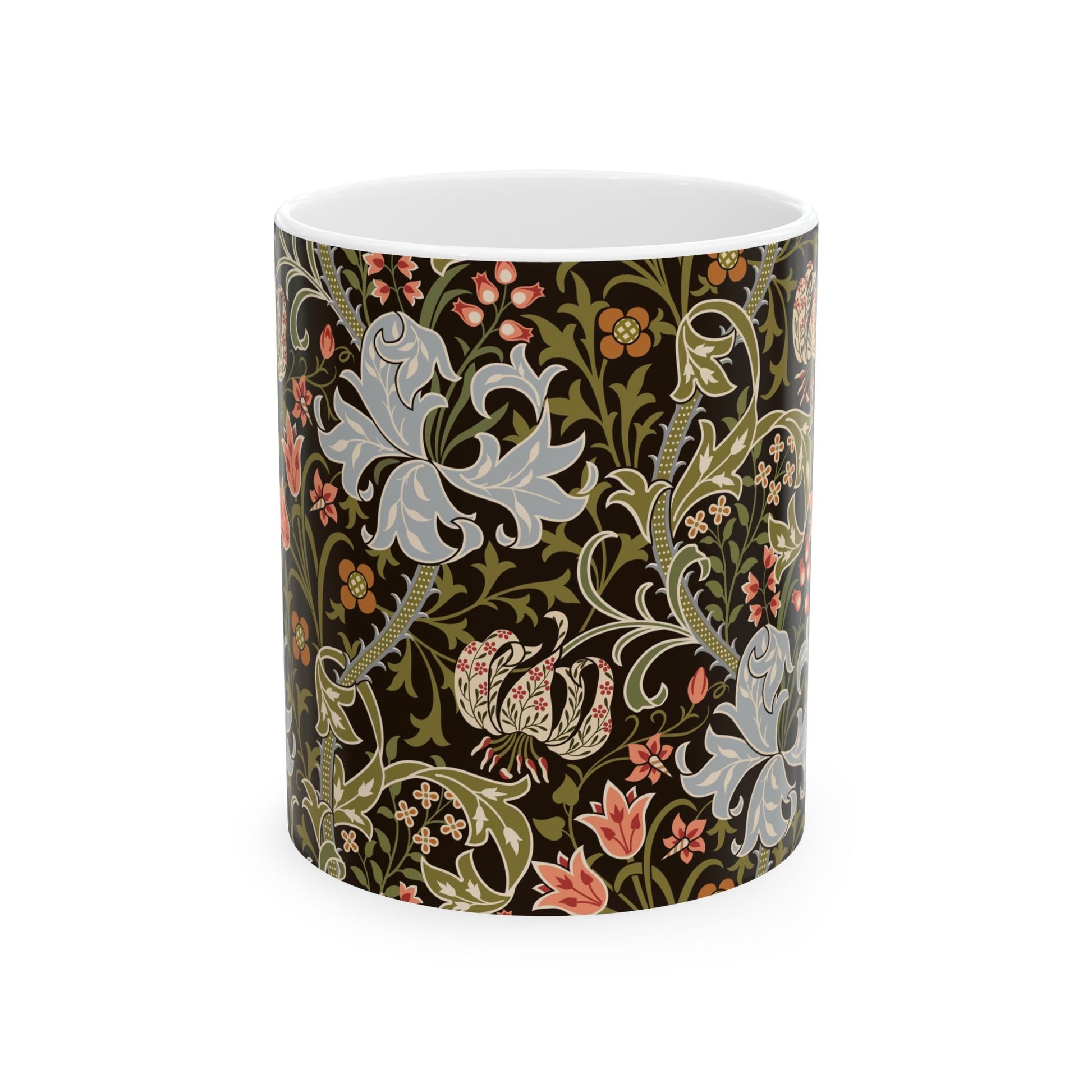 A ceramic mug with a floral pattern inspired by William Morris & Co - Golden Lily Collection in a midnight colour palette.