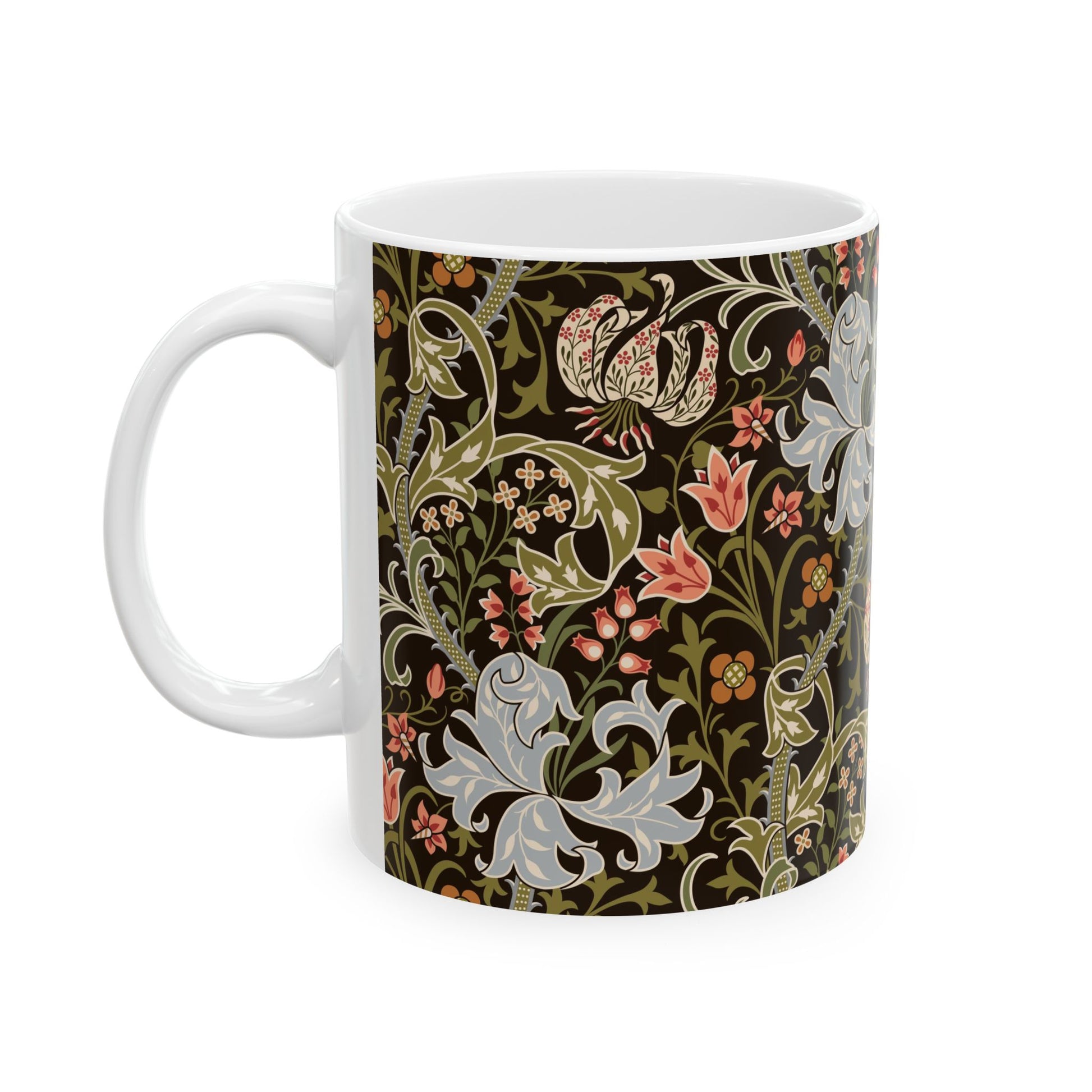 A ceramic mug with a floral pattern inspired by William Morris & Co - Golden Lily Collection in a midnight colour palette.