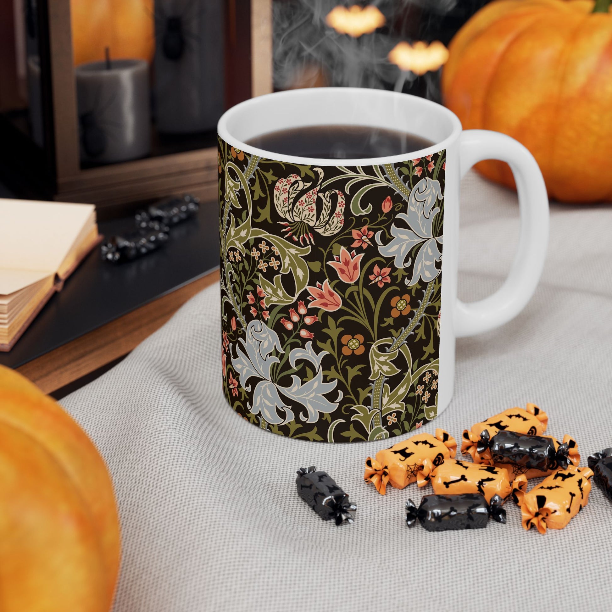 A ceramic mug with a floral pattern inspired by William Morris & Co - Golden Lily Collection in a midnight colour palette.