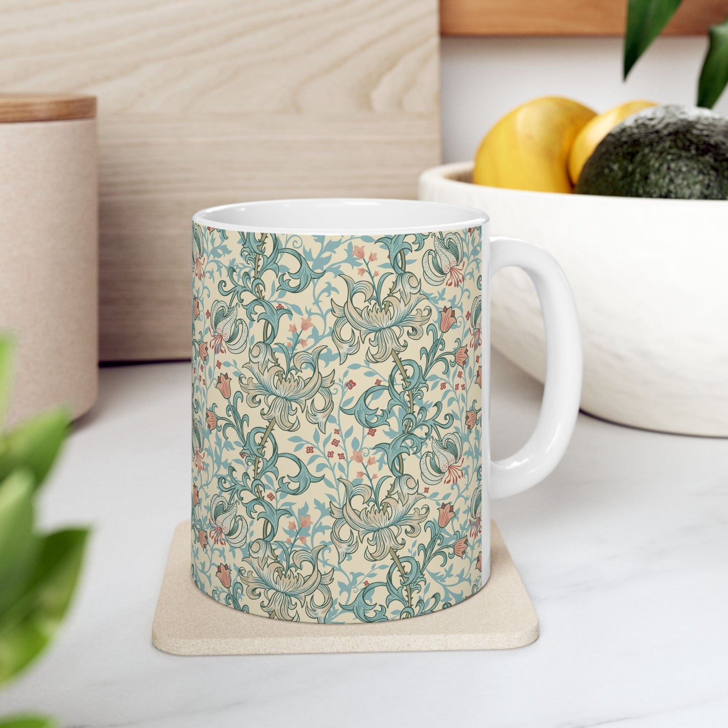 Ceramic Mug in an Arts & Crafts pattern inspired by William Morris & Co called Golden Lily Collection (Mineral)
