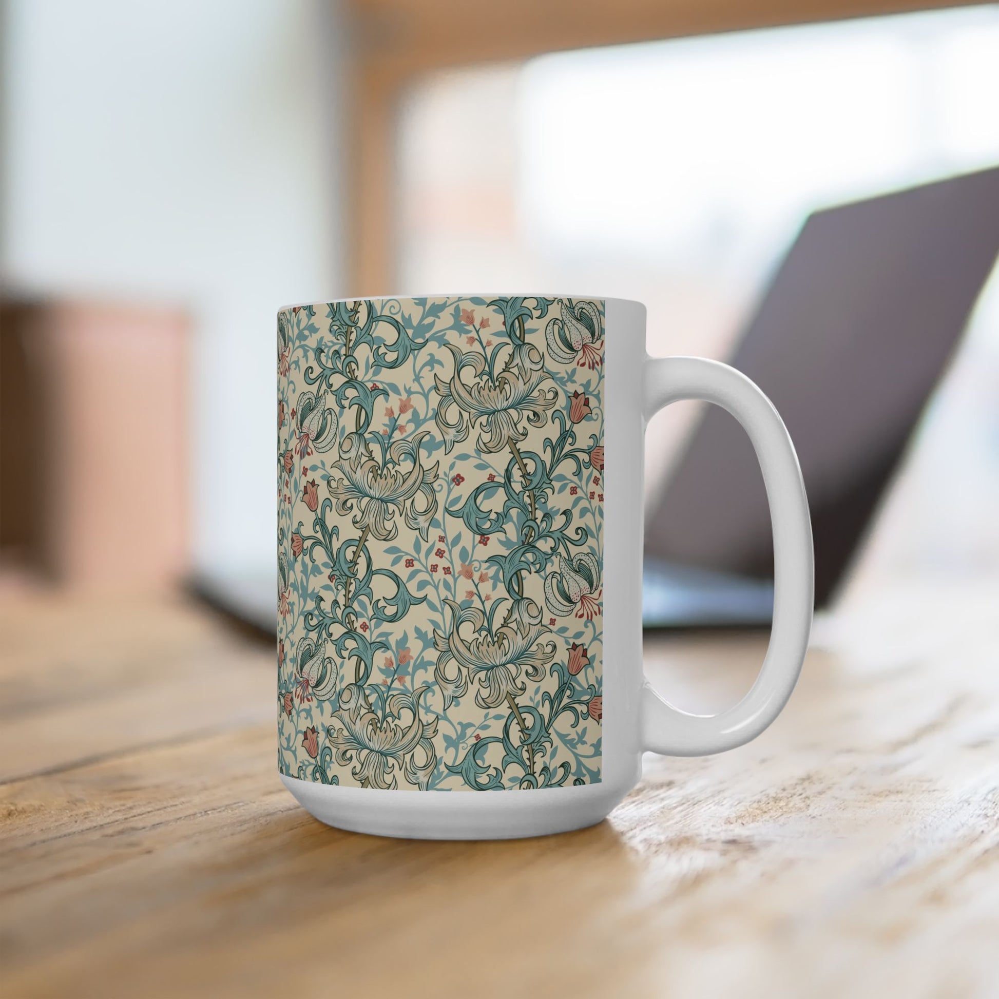 Ceramic Mug in an Arts & Crafts pattern inspired by William Morris & Co called Golden Lily Collection (Mineral)