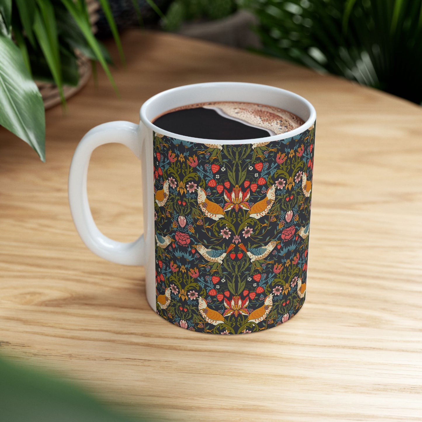 Mug with floral pattern on a wooden table