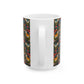 White mug with floral bird pattern on a white background