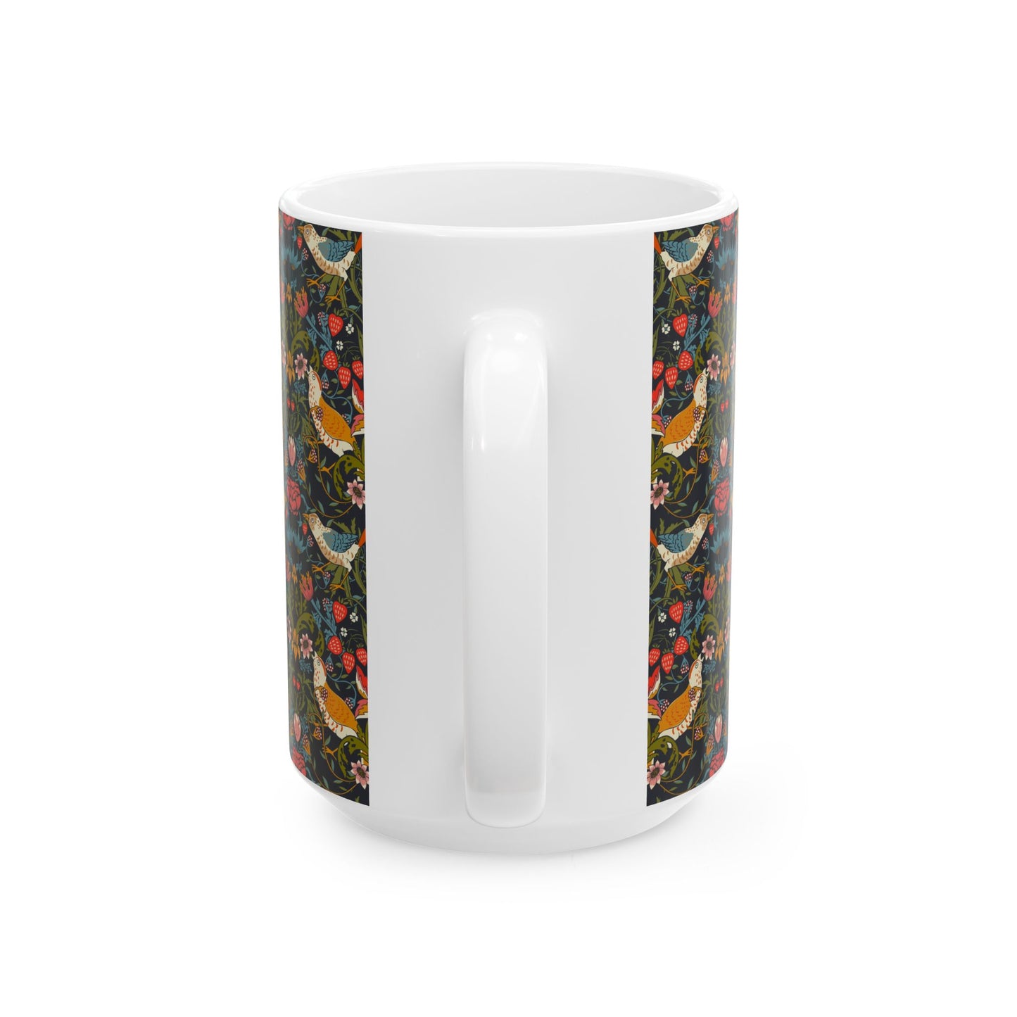 White mug with floral bird pattern on a white background