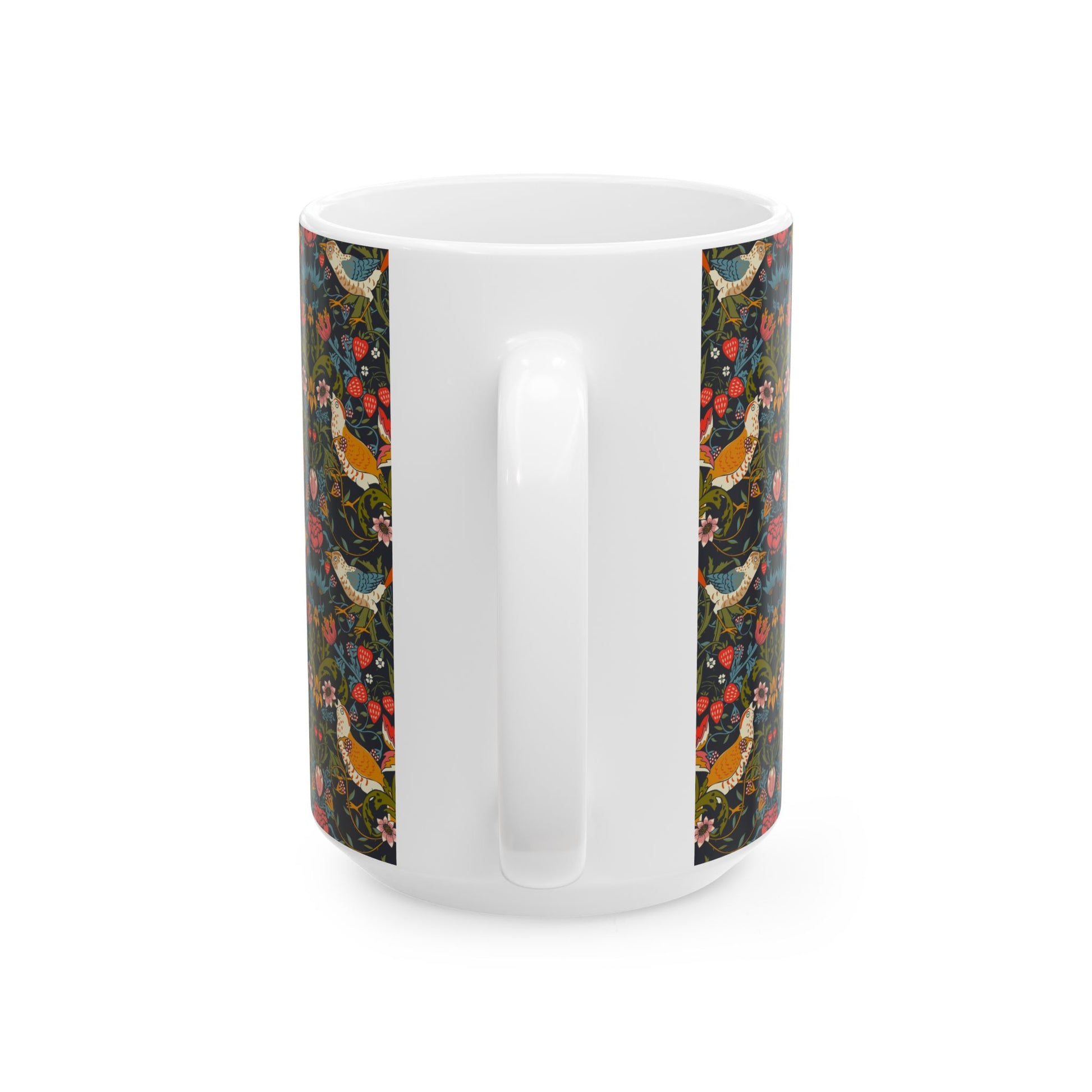 White mug with floral bird pattern on a white background