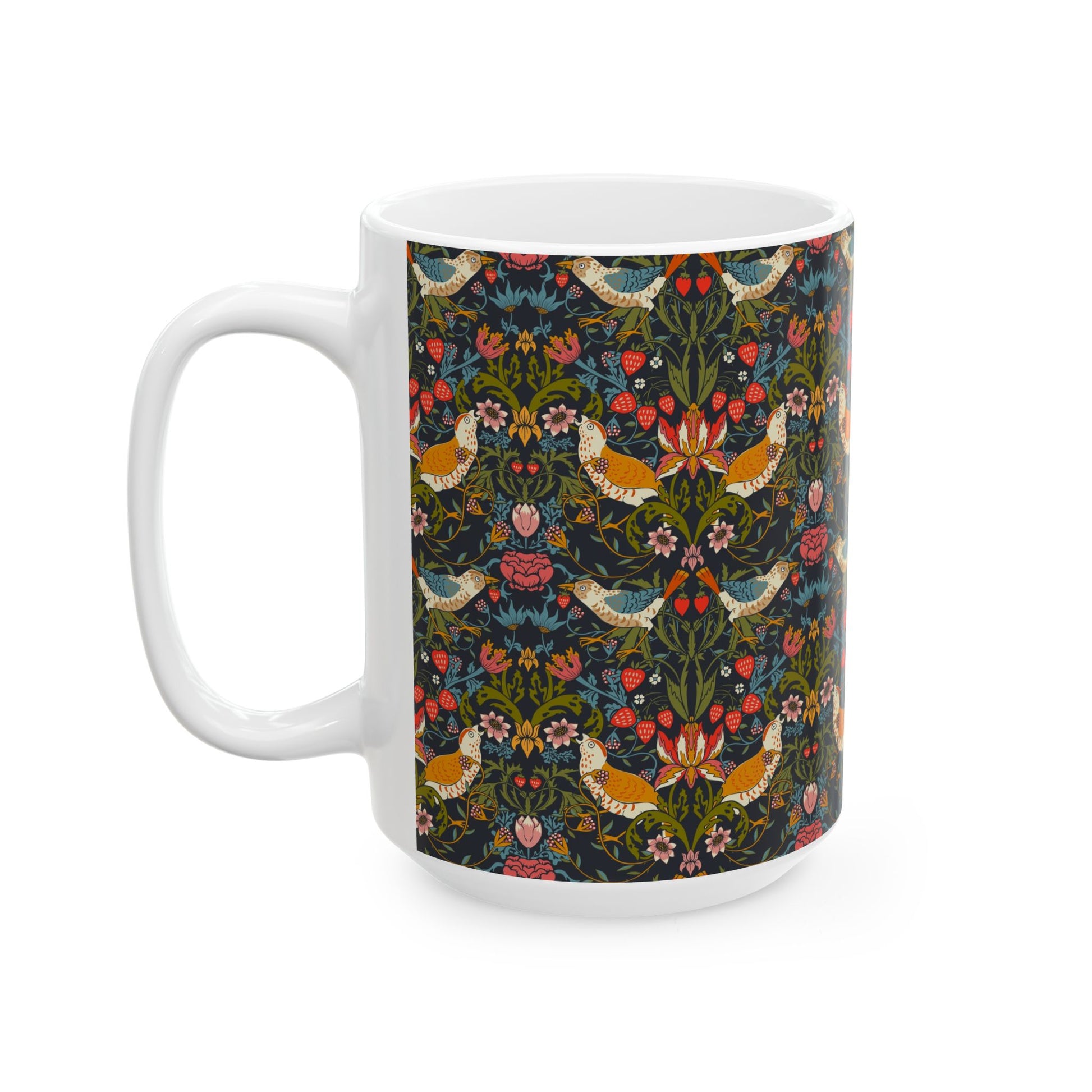 Mug with floral and bird pattern on a white background