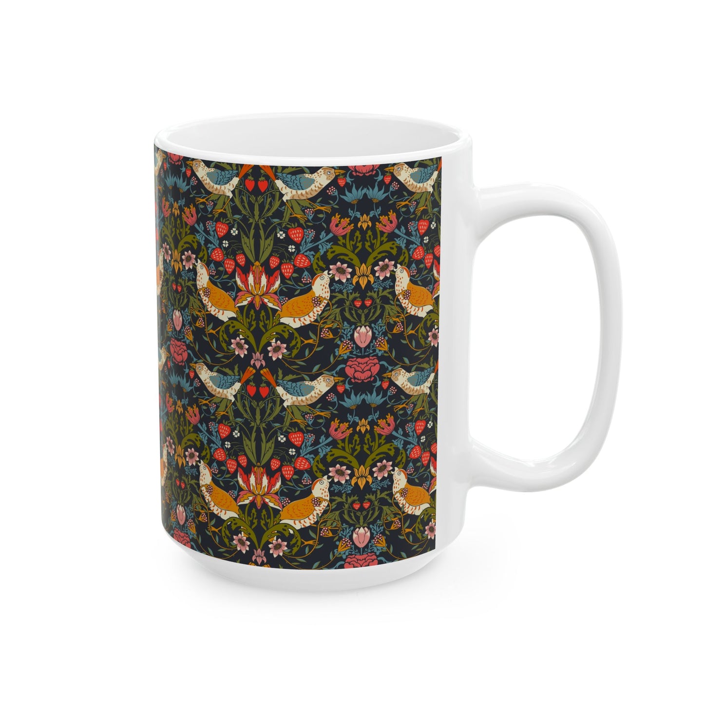 White mug with floral pattern on a white background
