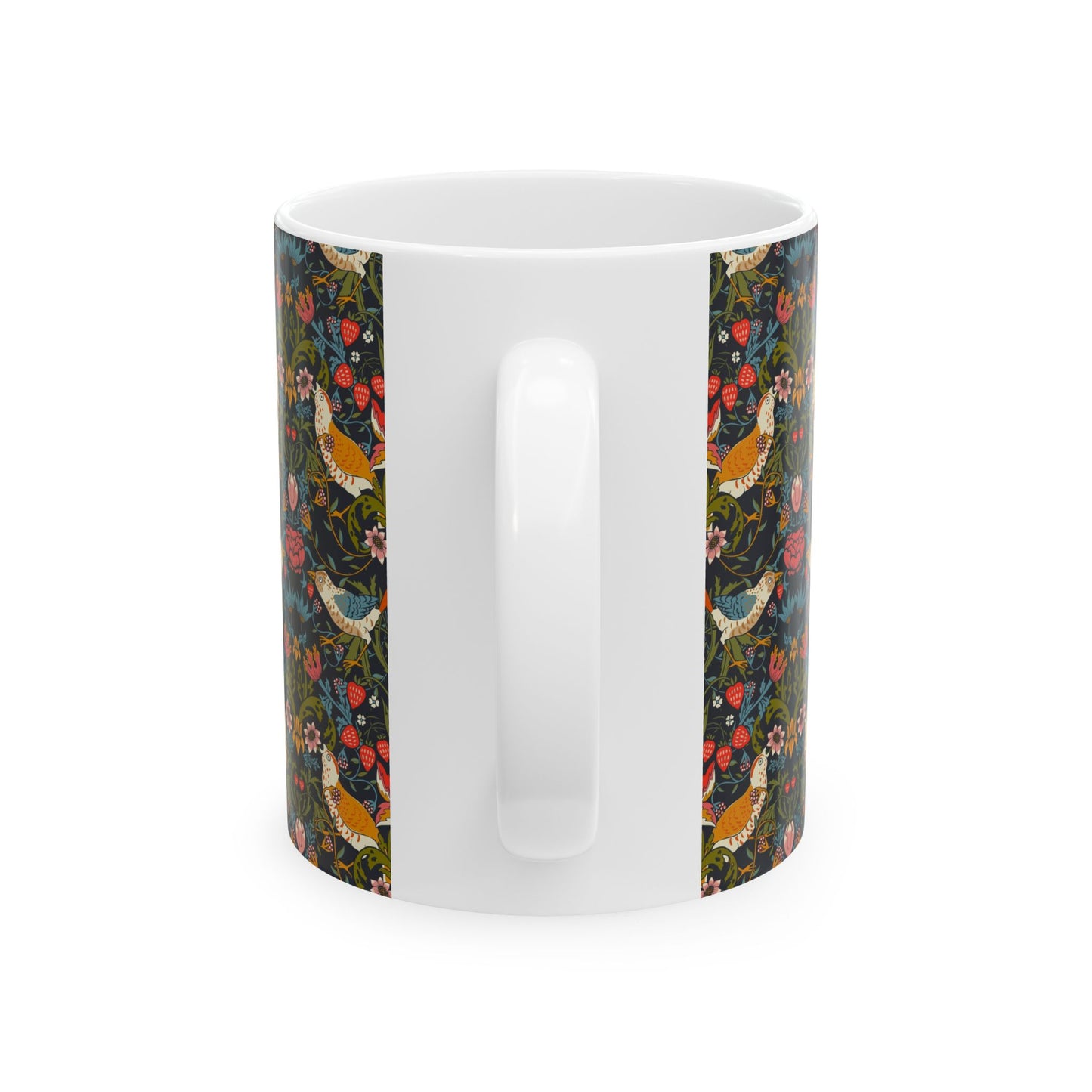 White mug with colorful bird and floral pattern on a white background