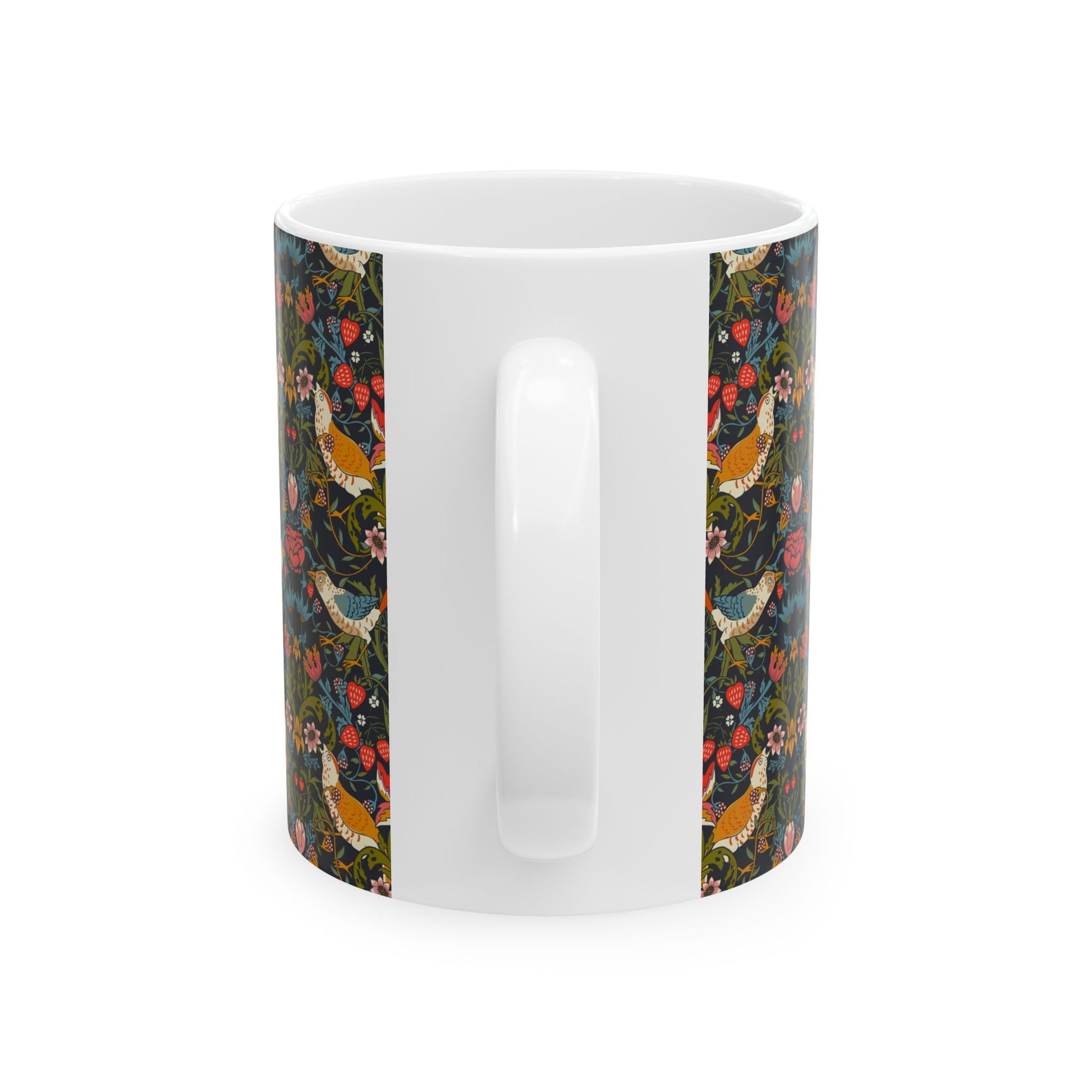 White mug with colorful bird and floral pattern on a white background