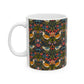Mug with floral pattern featuring birds and flowers on a dark background