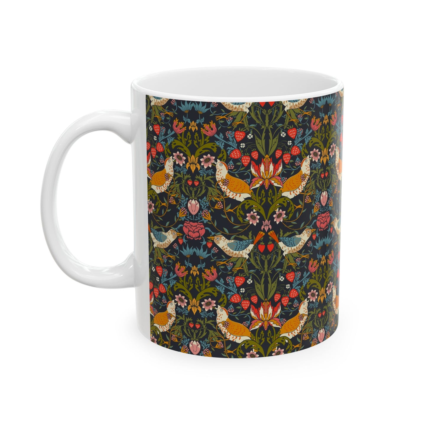 Mug with floral pattern featuring birds and flowers on a dark background