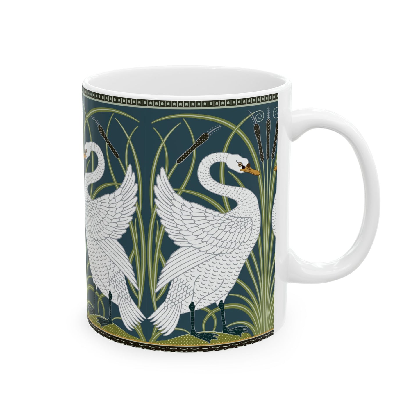 A ceramic mug with a design of two white swans on a green and blue background, inspired by the art of William Morris.