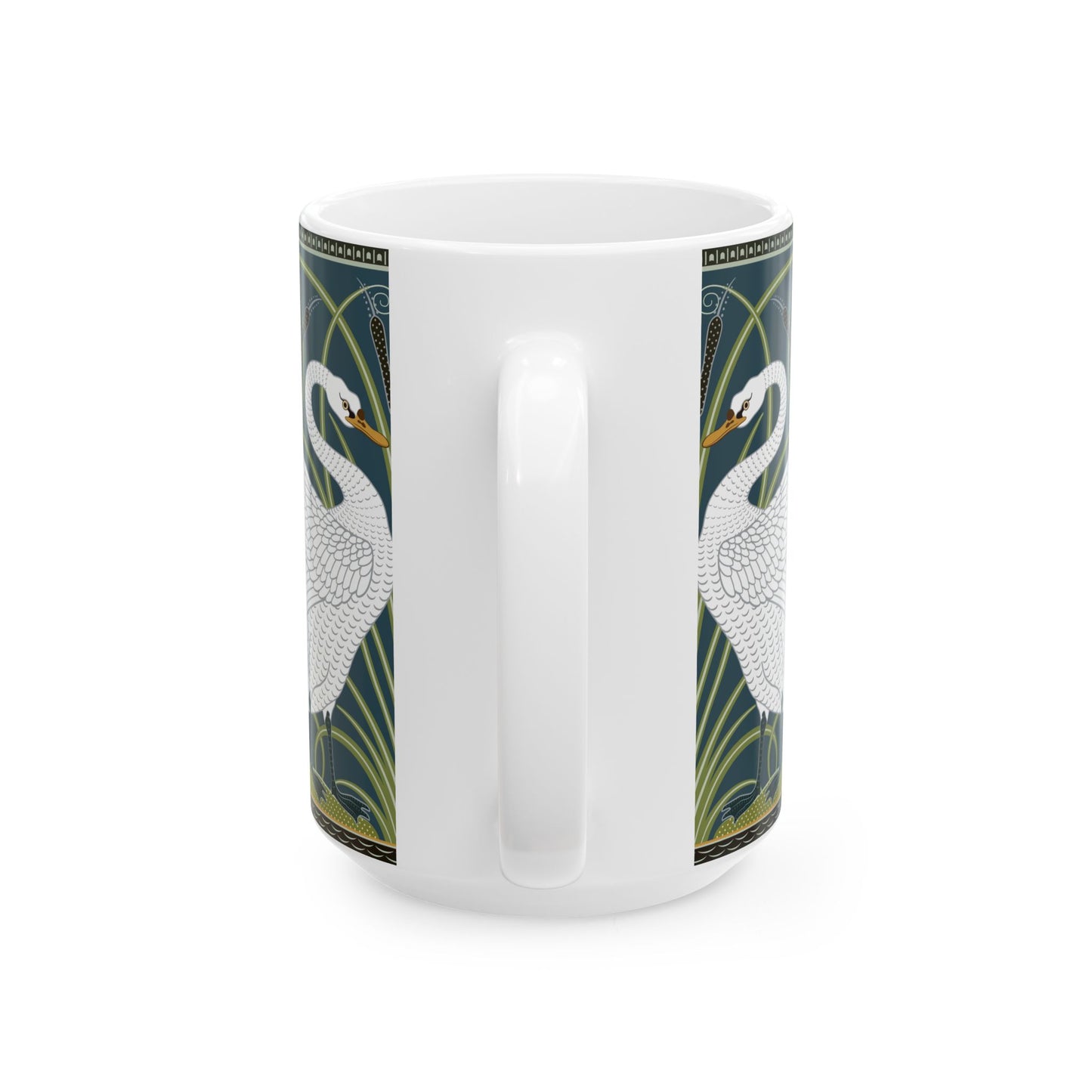 A ceramic mug with a design of two white swans on a green and blue background, inspired by the art of William Morris.