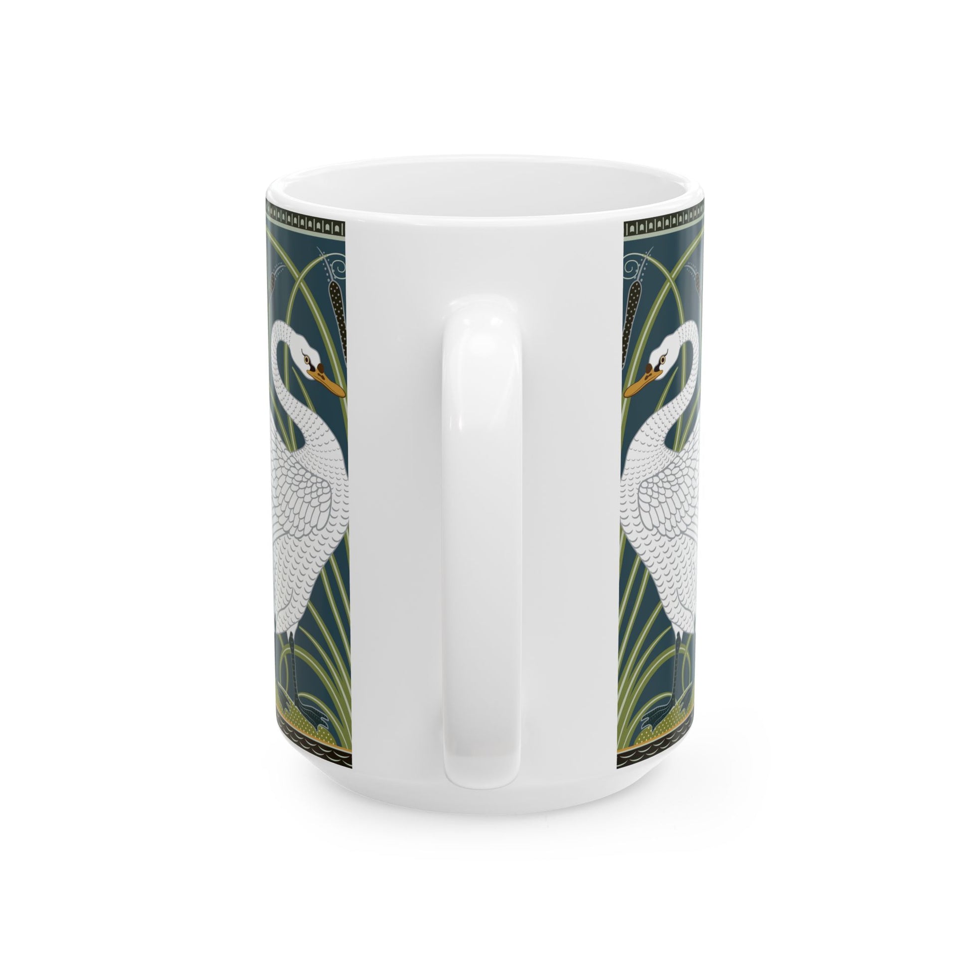 A ceramic mug with a design of two white swans on a green and blue background, inspired by the art of William Morris.