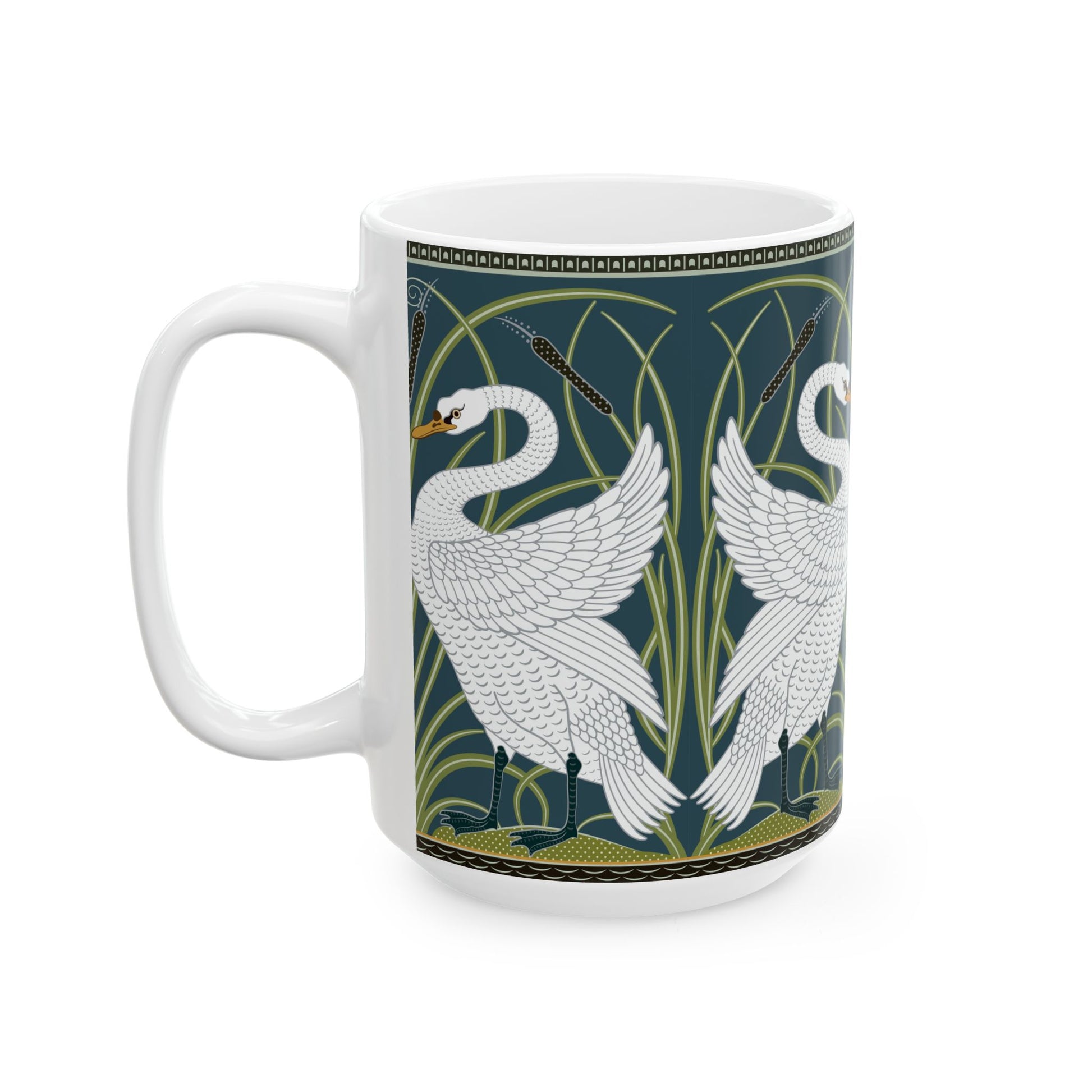 A ceramic mug with a design of two white swans on a green and blue background, inspired by the art of William Morris.