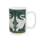 A ceramic mug with a design of two white swans on a green and blue background, inspired by the art of William Morris.