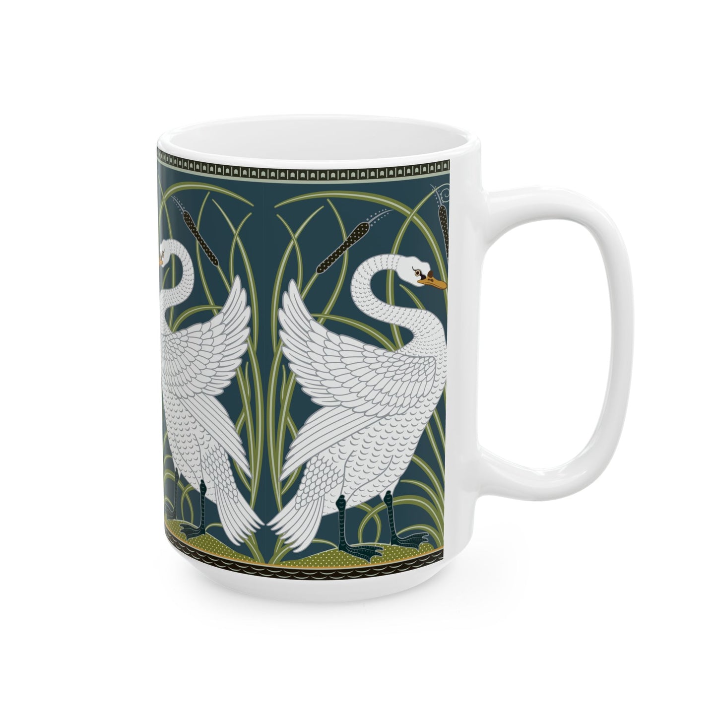 A ceramic mug with a design of two white swans on a green and blue background, inspired by the art of William Morris.