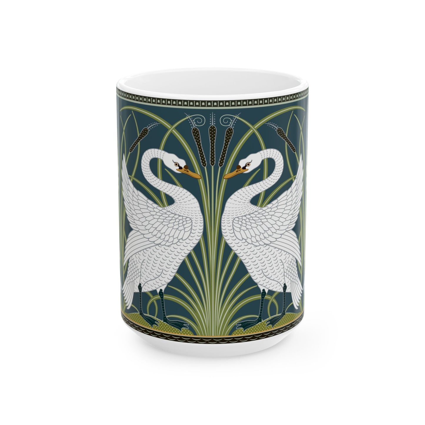 A ceramic mug with a design of two white swans on a green and blue background, inspired by the art of William Morris.