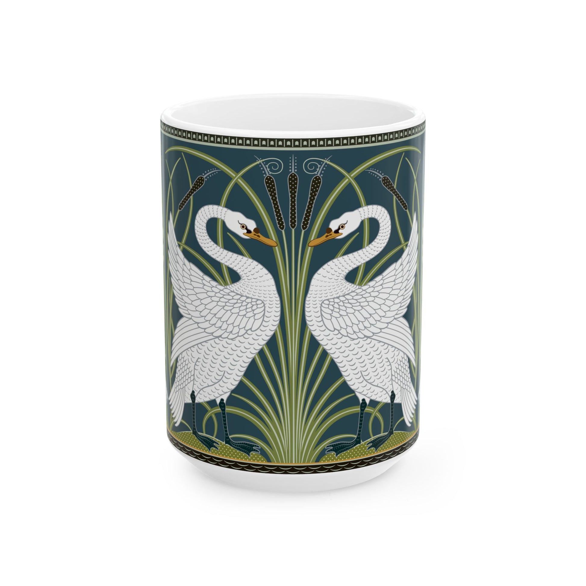 A ceramic mug with a design of two white swans on a green and blue background, inspired by the art of William Morris.