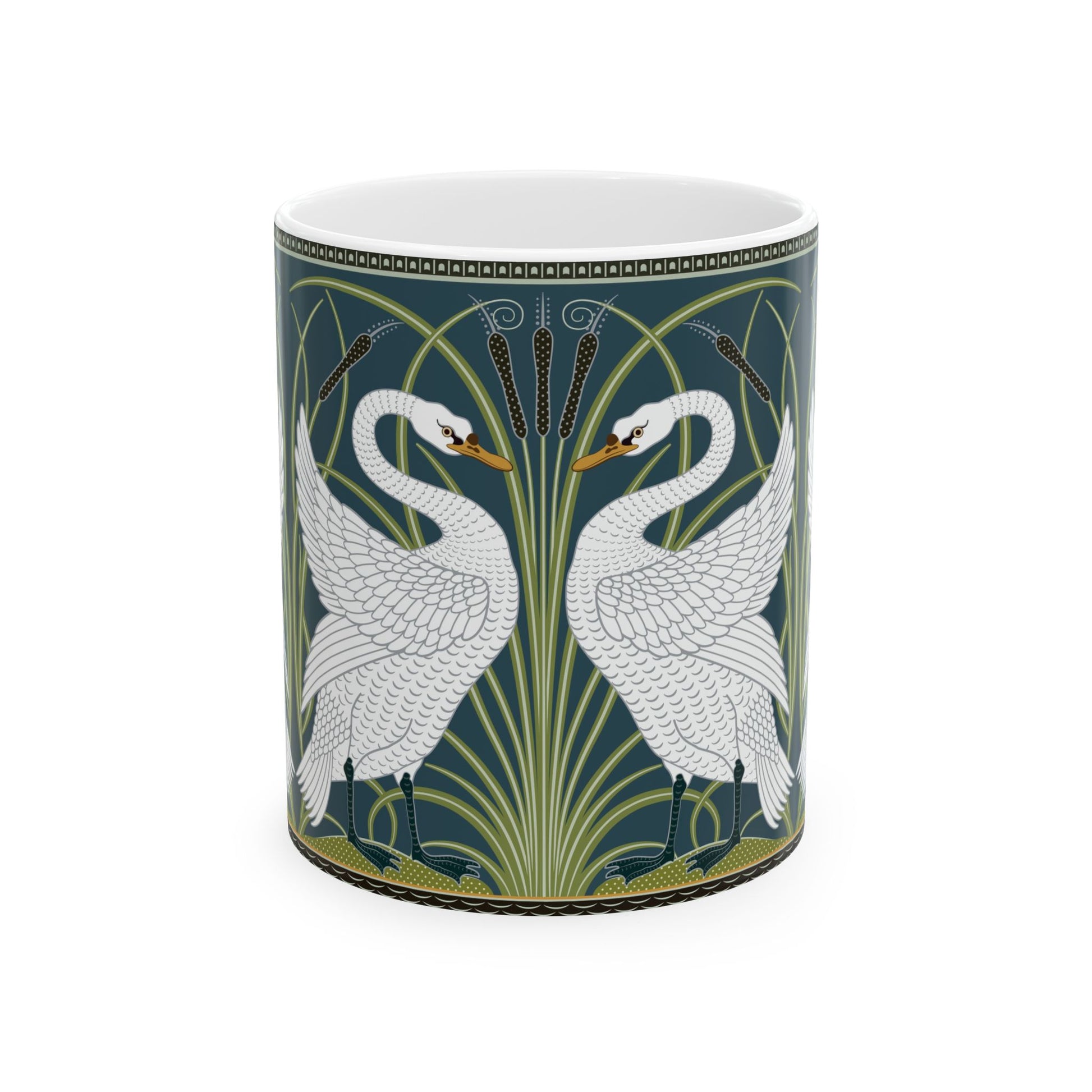 A ceramic mug with a design of two white swans on a green and blue background, inspired by the art of William Morris.