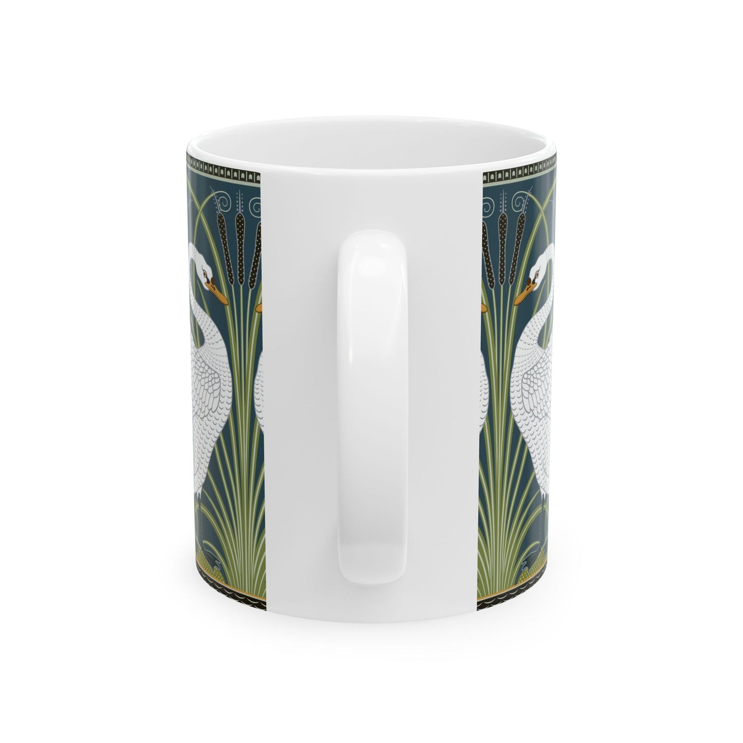 A ceramic mug with a design of two white swans on a green and blue background, inspired by the art of William Morris.