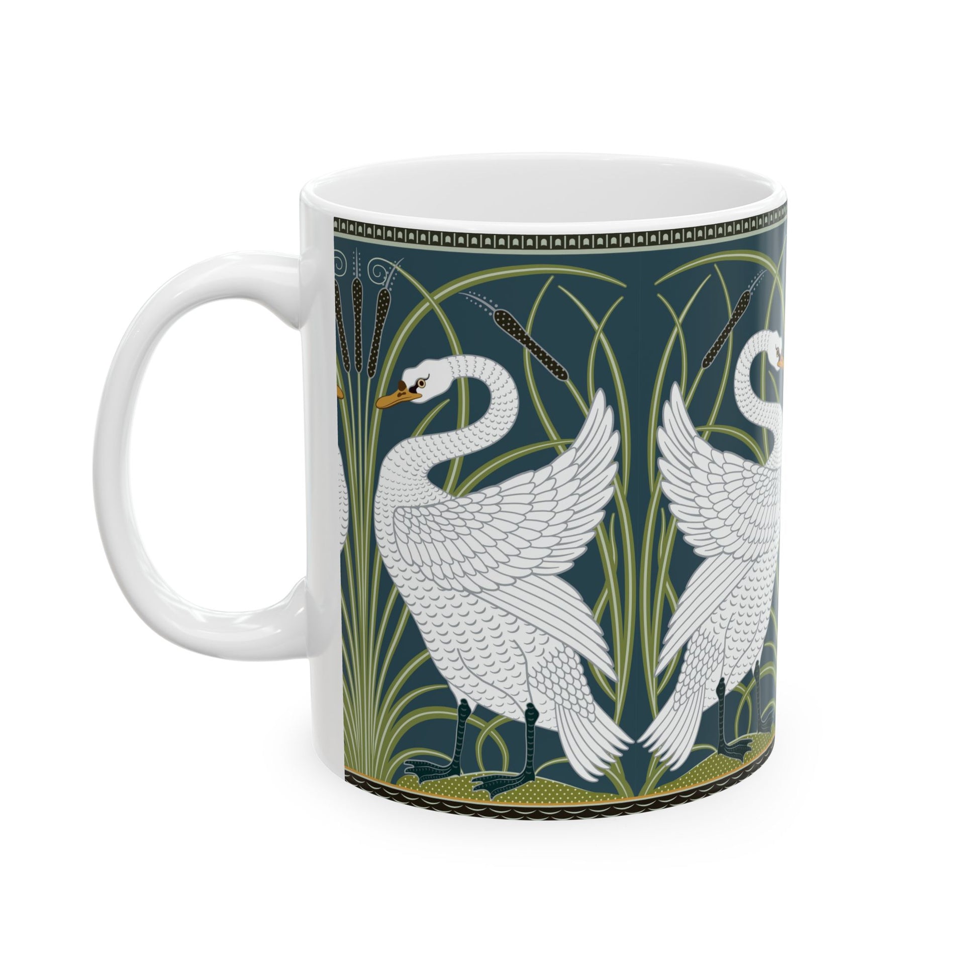 A ceramic mug with a design of two white swans on a green and blue background, inspired by the art of William Morris.