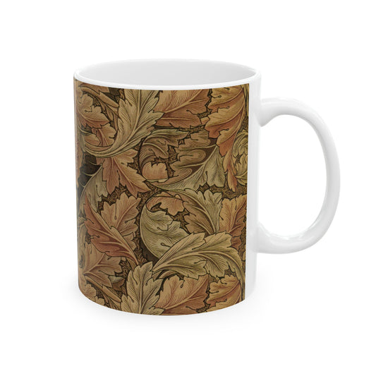A ceramic mug with a brown and white geometric pattern inspired by William Morris - Acanthus Collection.