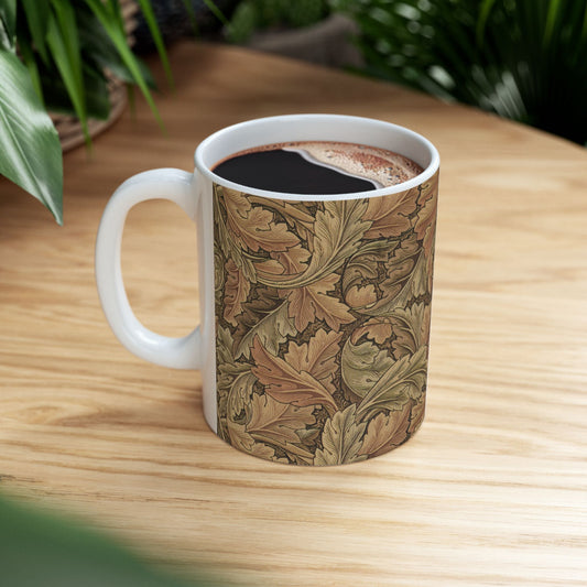 A ceramic mug with a brown and white geometric pattern inspired by William Morris - Acanthus Collection.