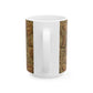 A ceramic mug with a brown and white geometric pattern inspired by William Morris - Acanthus Collection.