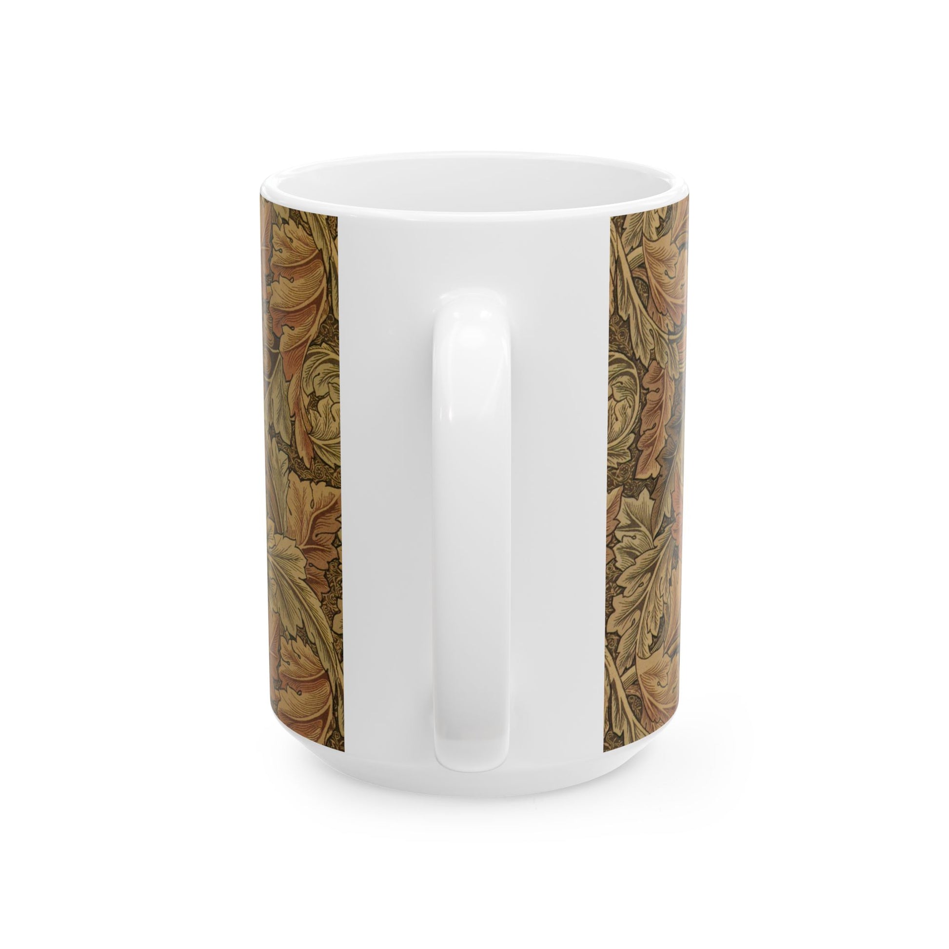 A ceramic mug with a brown and white geometric pattern inspired by William Morris - Acanthus Collection.