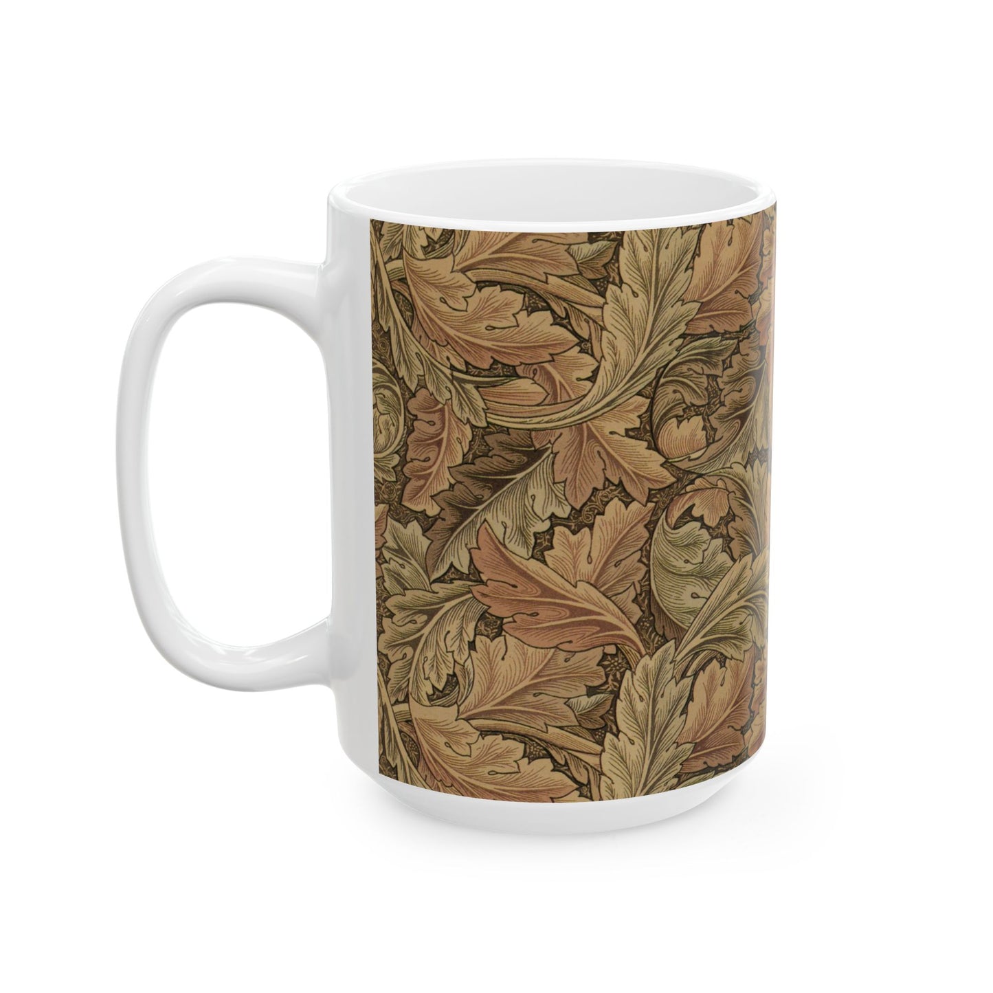 A ceramic mug with a brown and white geometric pattern inspired by William Morris - Acanthus Collection.