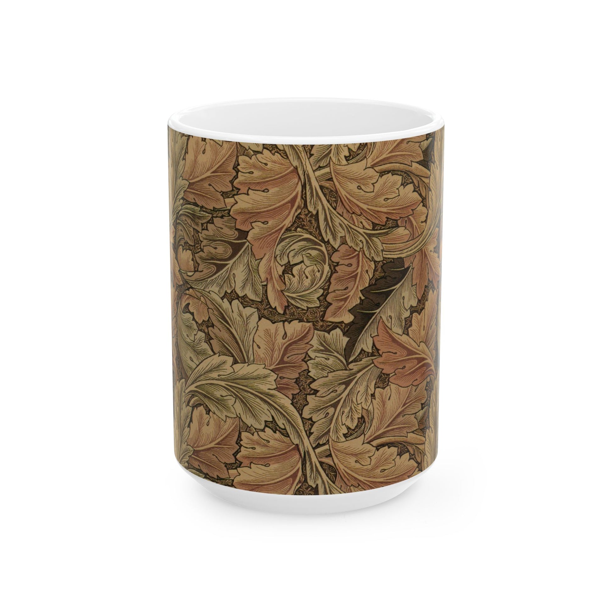 A ceramic mug with a brown and white geometric pattern inspired by William Morris - Acanthus Collection.