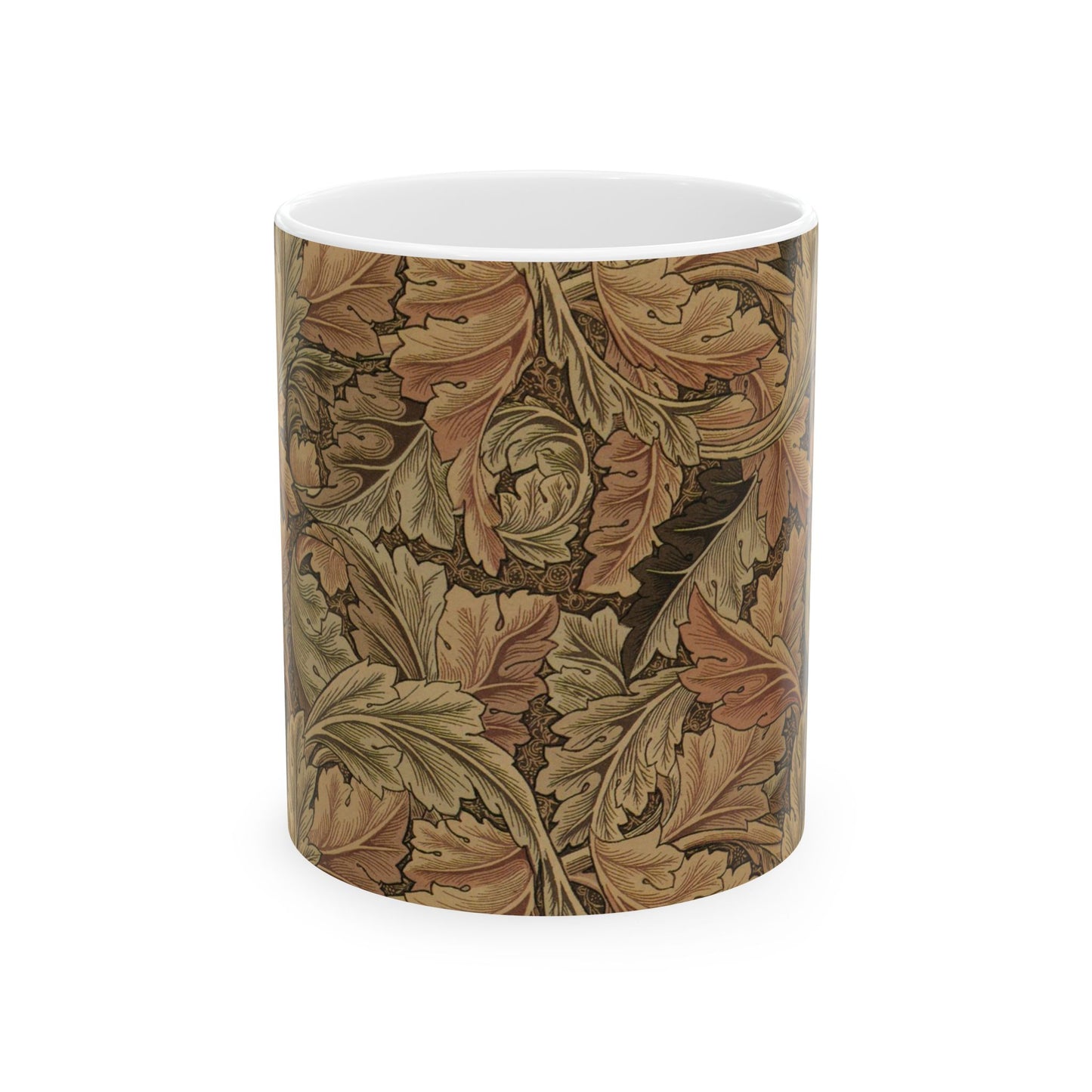 A ceramic mug with a brown and white geometric pattern inspired by William Morris - Acanthus Collection.