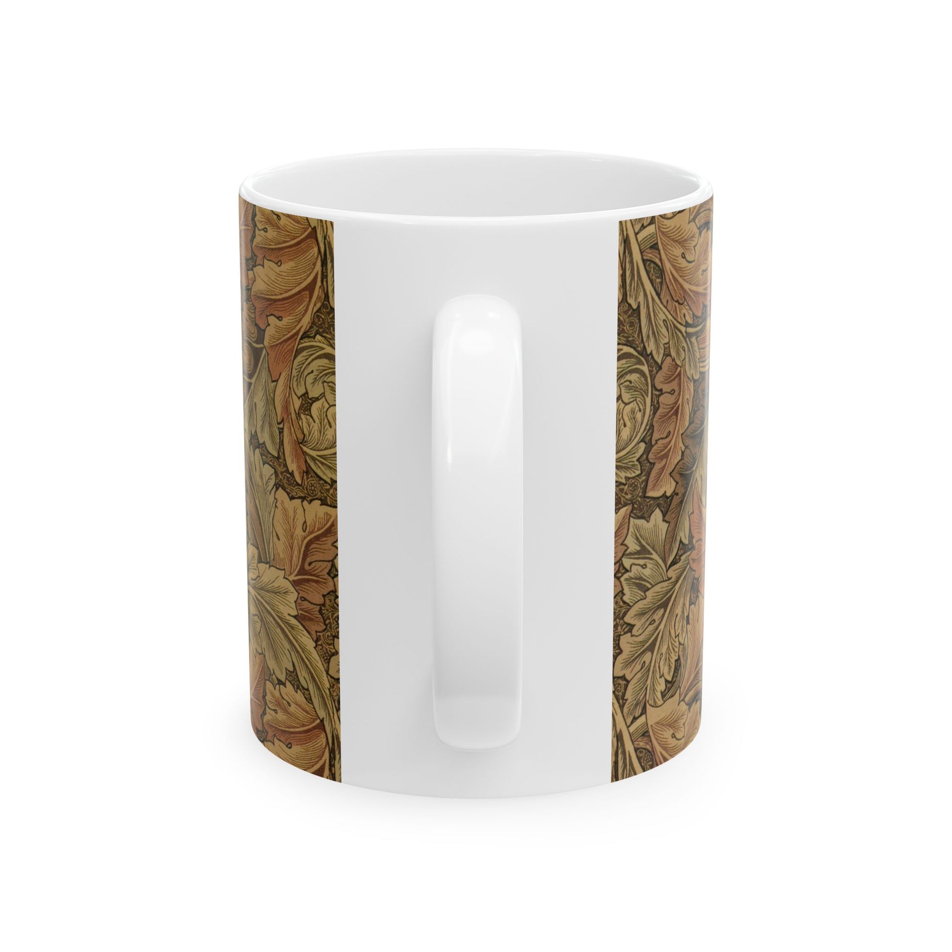 A ceramic mug with a brown and white geometric pattern inspired by William Morris - Acanthus Collection.