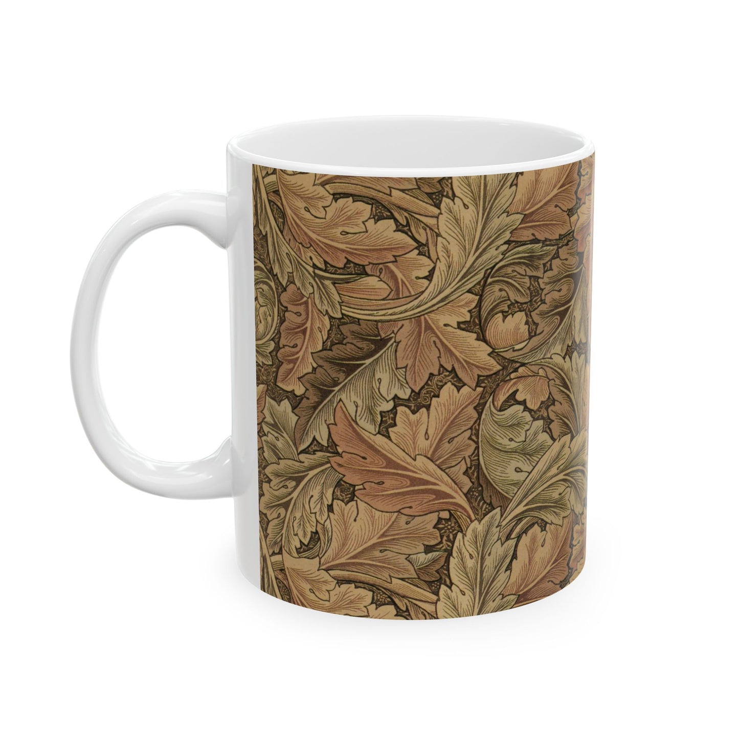 A ceramic mug with a brown and white geometric pattern inspired by William Morris - Acanthus Collection.