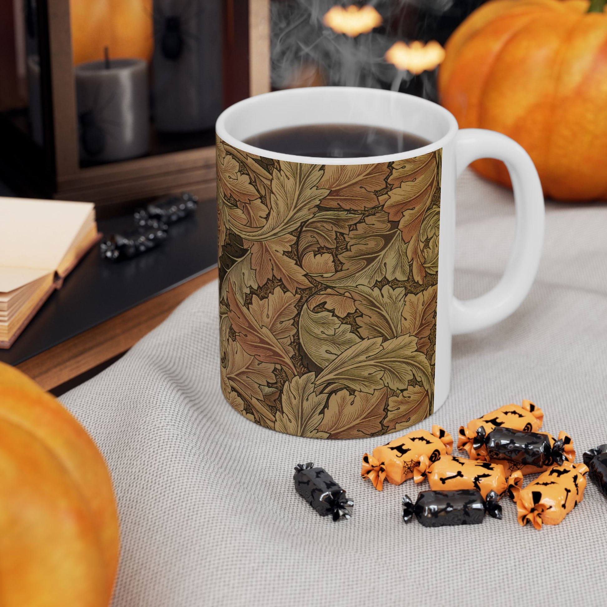 A ceramic mug with a brown and white geometric pattern inspired by William Morris - Acanthus Collection.
